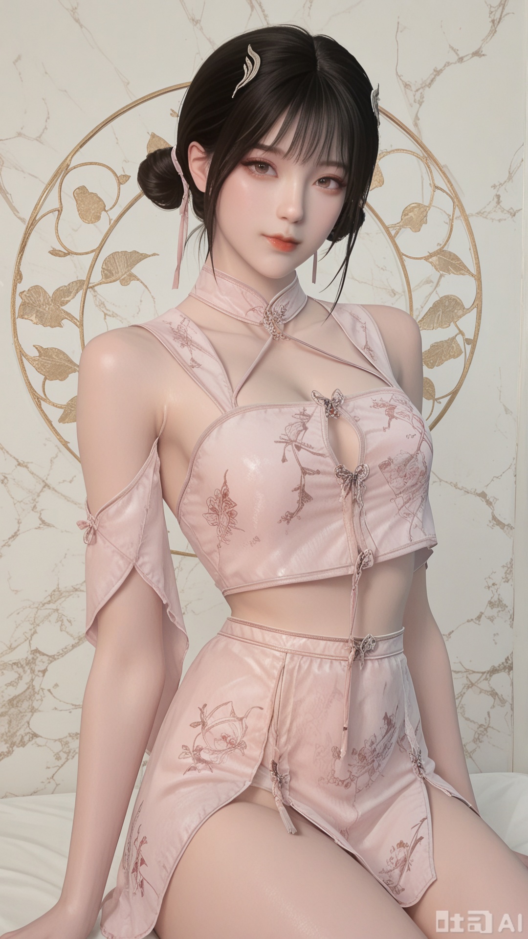 1girl, solo,pink flat duduo,pink loincloth, exquisite skin, yokozuwari, looking at viewer, even illumination, very awa, Solid Glossy and cloud background,