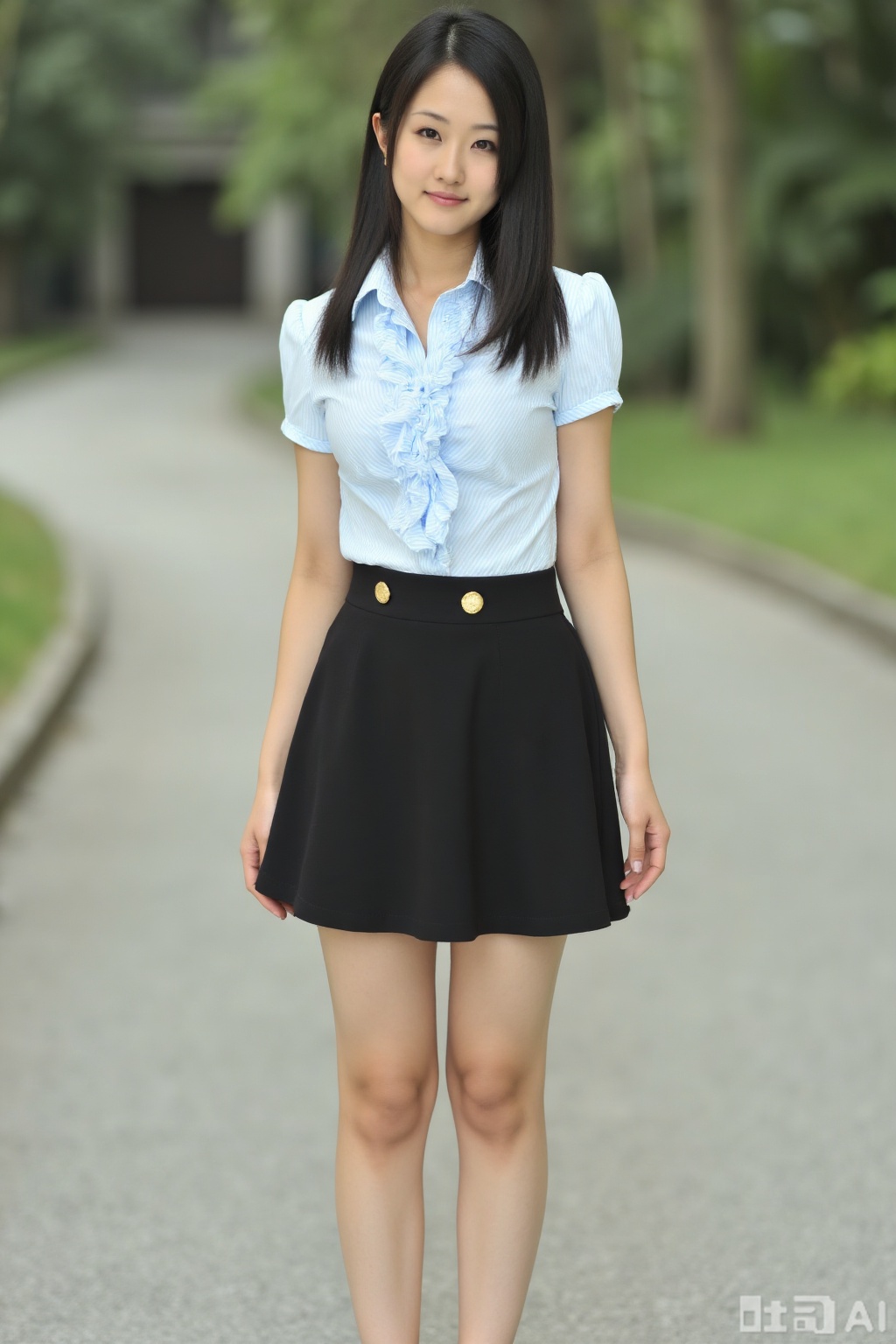 (1girl:1.3), (best quality, masterpiece, ultra high resolution),(photorealistic:1.3), (realistic:1.3), depth of field,(full body:1.4), (day:1.2), (cinematic lighting:1.2),cute, double ponytail, black skirt