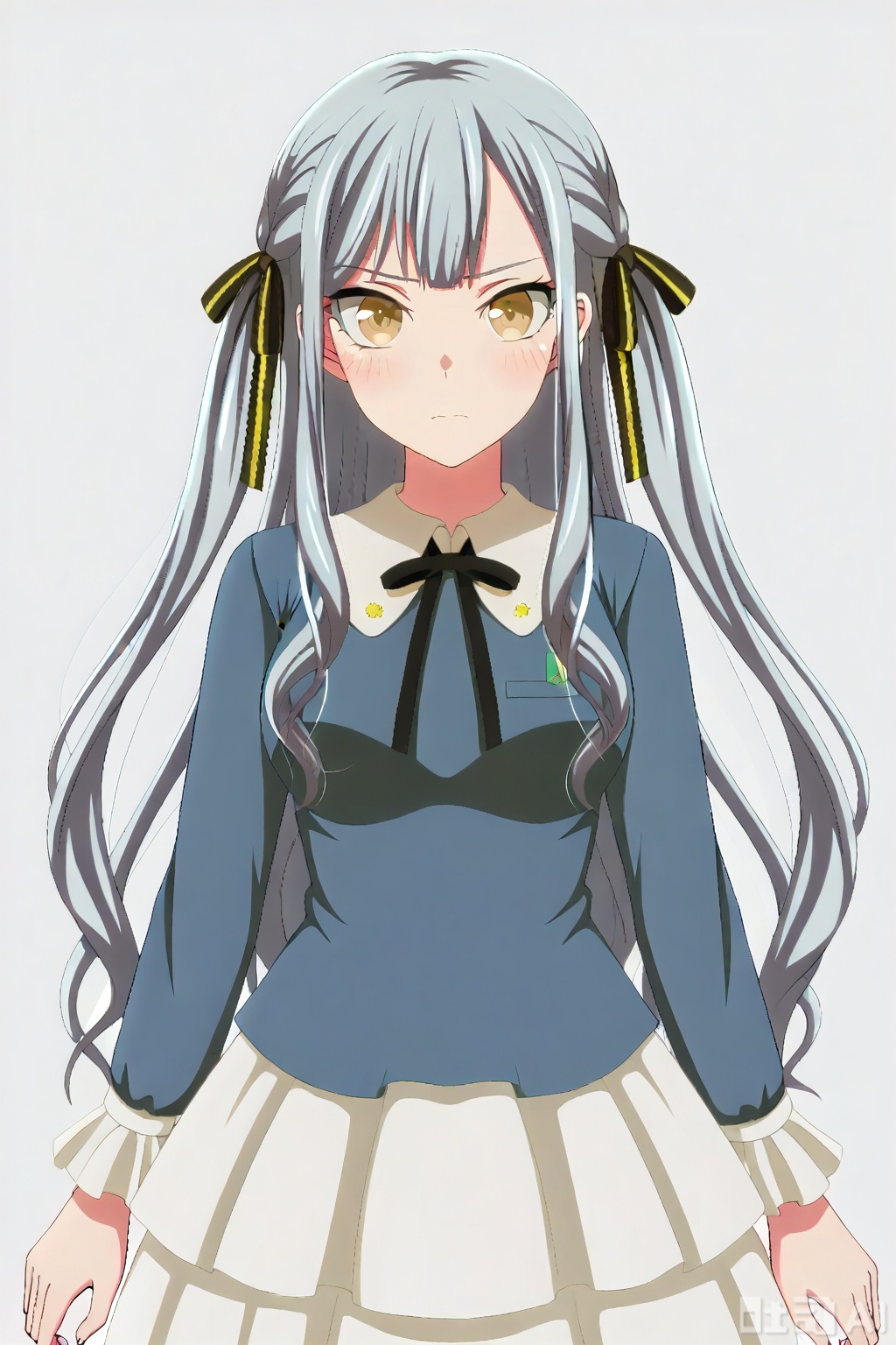 masterpiece, best quality,solo,((white background:1.2)),simple background,full body,2boys,back to back 
looking at viewer,togawa sakiko,bangs,ribbon,hair ribbon,black ribbon,two side up,blue hair,grey hair,sidelocks,blunt bangs,yellow eyes,
