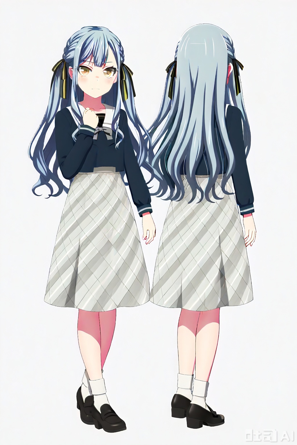 masterpiece, best quality,solo,((white background:1.2)),simple background,full body,2boys,back to back 
looking at viewer,togawa sakiko,bangs,ribbon,hair ribbon,black ribbon,two side up,blue hair,grey hair,sidelocks,blunt bangs,yellow eyes,
loli