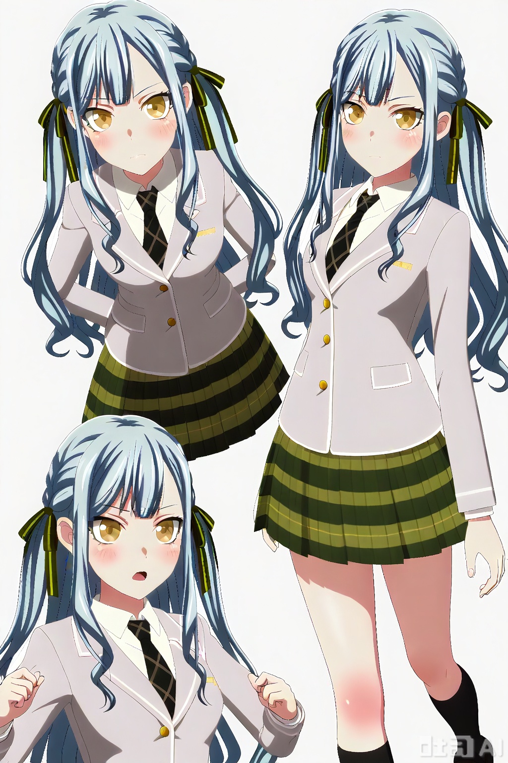 masterpiece, best quality,solo,((white background:1.2)),simple background,
looking at viewer,togawa sakiko,bangs,ribbon,hair ribbon,black ribbon,two side up,blue hair,grey hair,sidelocks,blunt bangs,yellow eyes,
Haneoka school uniform,green pleated skirt,necktie,shoes,black footwear, kneehighs,plaid skirt,black socks,loafers, grey jacket