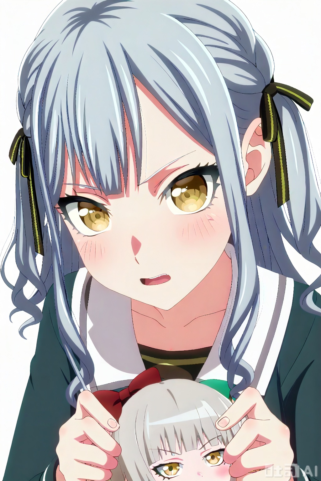 masterpiece, best quality,solo,((white background:1.2)),simple background,
looking at viewer,togawa sakiko,bangs,ribbon,hair ribbon,black ribbon,two side up,blue hair,grey hair,sidelocks,blunt bangs,yellow eyes,
medium hair,wavy hair,loli