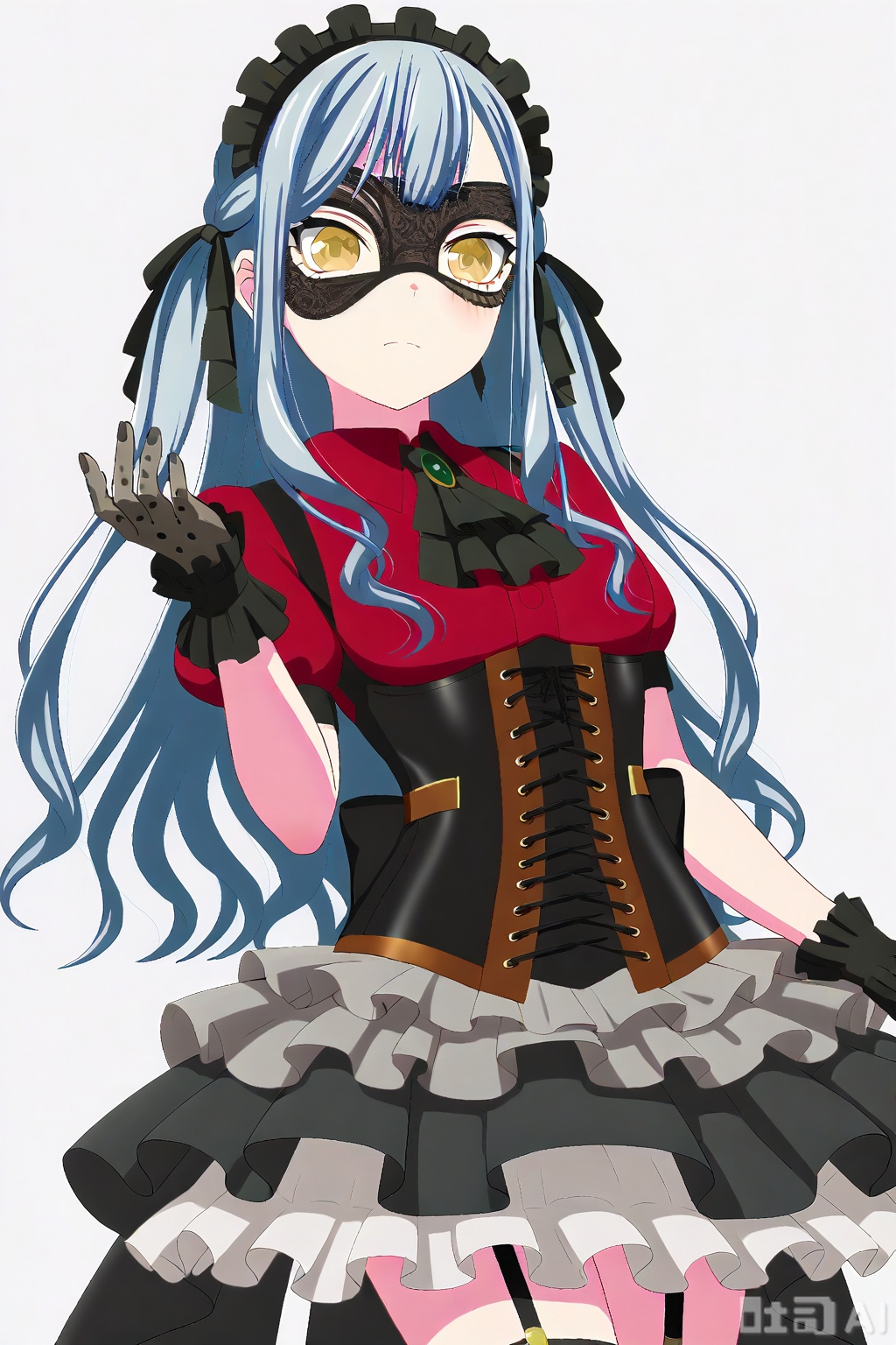 masterpiece, best quality,solo,((white background:1.2)),simple background,
looking at viewer,togawa sakiko,bangs,ribbon,hair ribbon,black ribbon,two side up,blue hair,grey hair,sidelocks,blunt bangs,yellow eyes,
Oblivionis type,short sleeves, black gloves,red collared shirt,puffy sleeves, jewelry,black dress,layered skirt, puffy short sleeves,black ascot,gold_trim