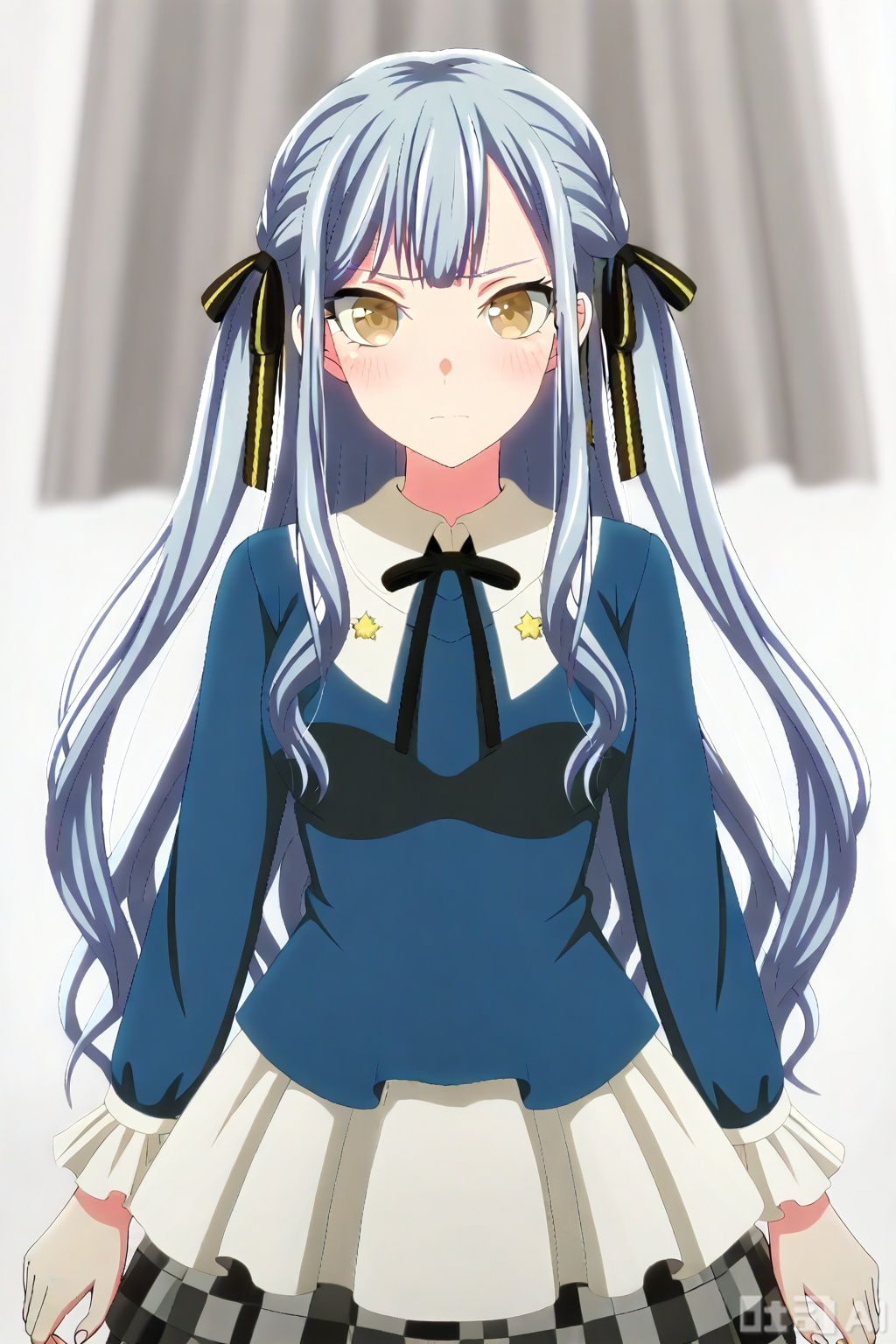 masterpiece, best quality,solo,((white background:1.2)),simple background,full body,2boys,back to back 
looking at viewer,togawa sakiko,bangs,ribbon,hair ribbon,black ribbon,two side up,blue hair,grey hair,sidelocks,blunt bangs,yellow eyes,
