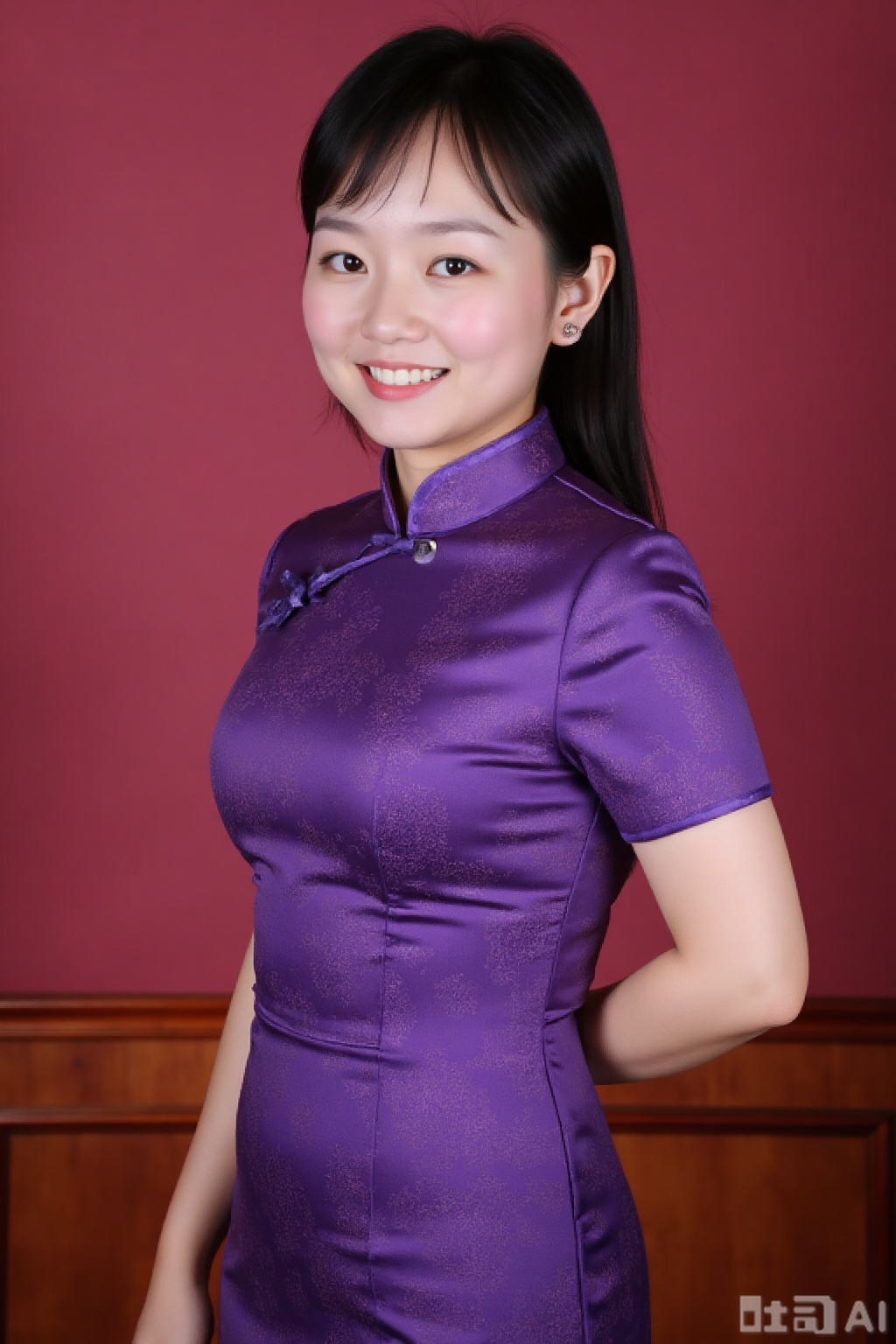 1girl, realistic,qipao,8k, purple qipao
