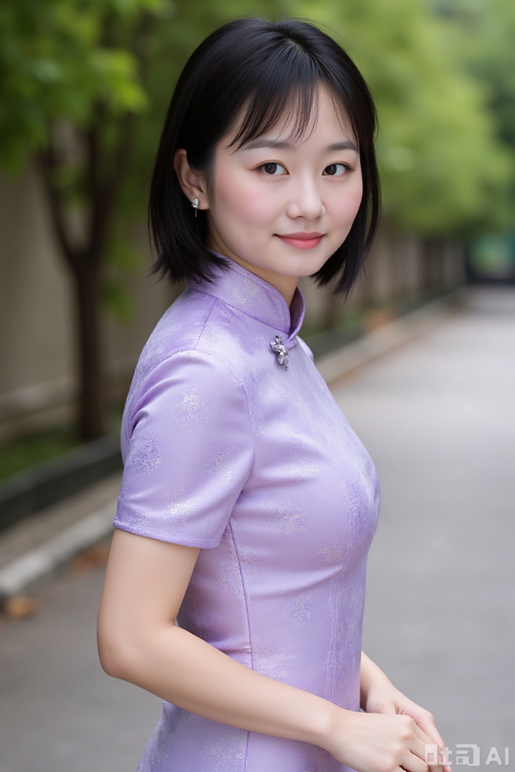 (global illumination, reality,ray tracing, HDR, unreal rendering, reasonable design, high detail, masterpiece,best quality, ultra high definition, movie lighting),
1girl,outdoor,looking_at_viewer,side_blunt_bangs,china_dress,chinese_style,big breasts,pose,solo,1girl,black hair,black eyes, 
qipao, high heel, light purple qipao