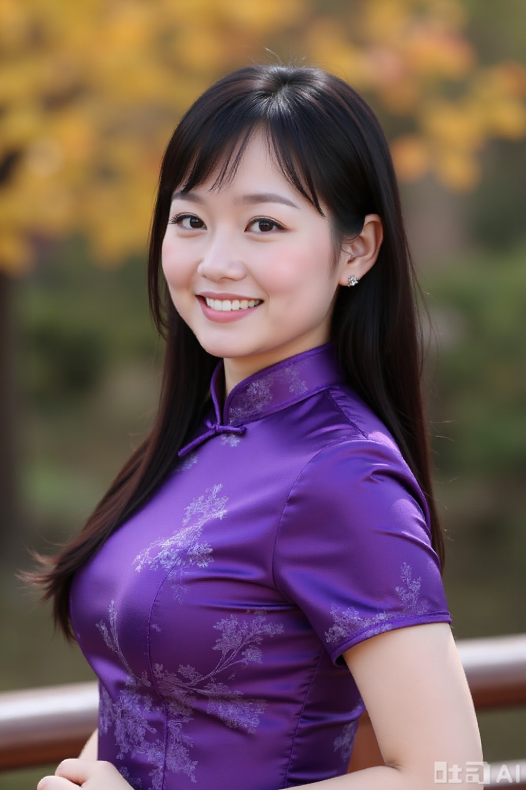 (global illumination, reality,ray tracing, HDR, unreal rendering, reasonable design, high detail, masterpiece,best quality, ultra high definition, movie lighting),
1girl,outdoor,looking_at_viewer,side_blunt_bangs,china_dress,chinese_style,big breasts,pose,solo,1girl,black hair,black eyes, 
qipao, purple qipao