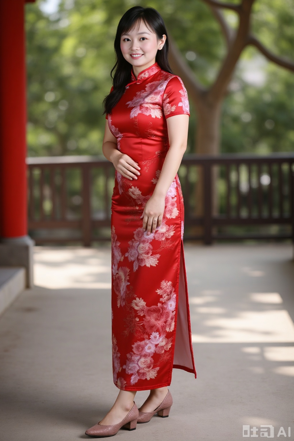 (global illumination, reality,ray tracing, HDR, unreal rendering, reasonable design, high detail, masterpiece,best quality, ultra high definition, movie lighting),
1girl,outdoor,looking_at_viewer,side_blunt_bangs,china_dress,chinese_style,big breasts,pose,solo,1girl,black hair,black eyes, 
qipao, high heel