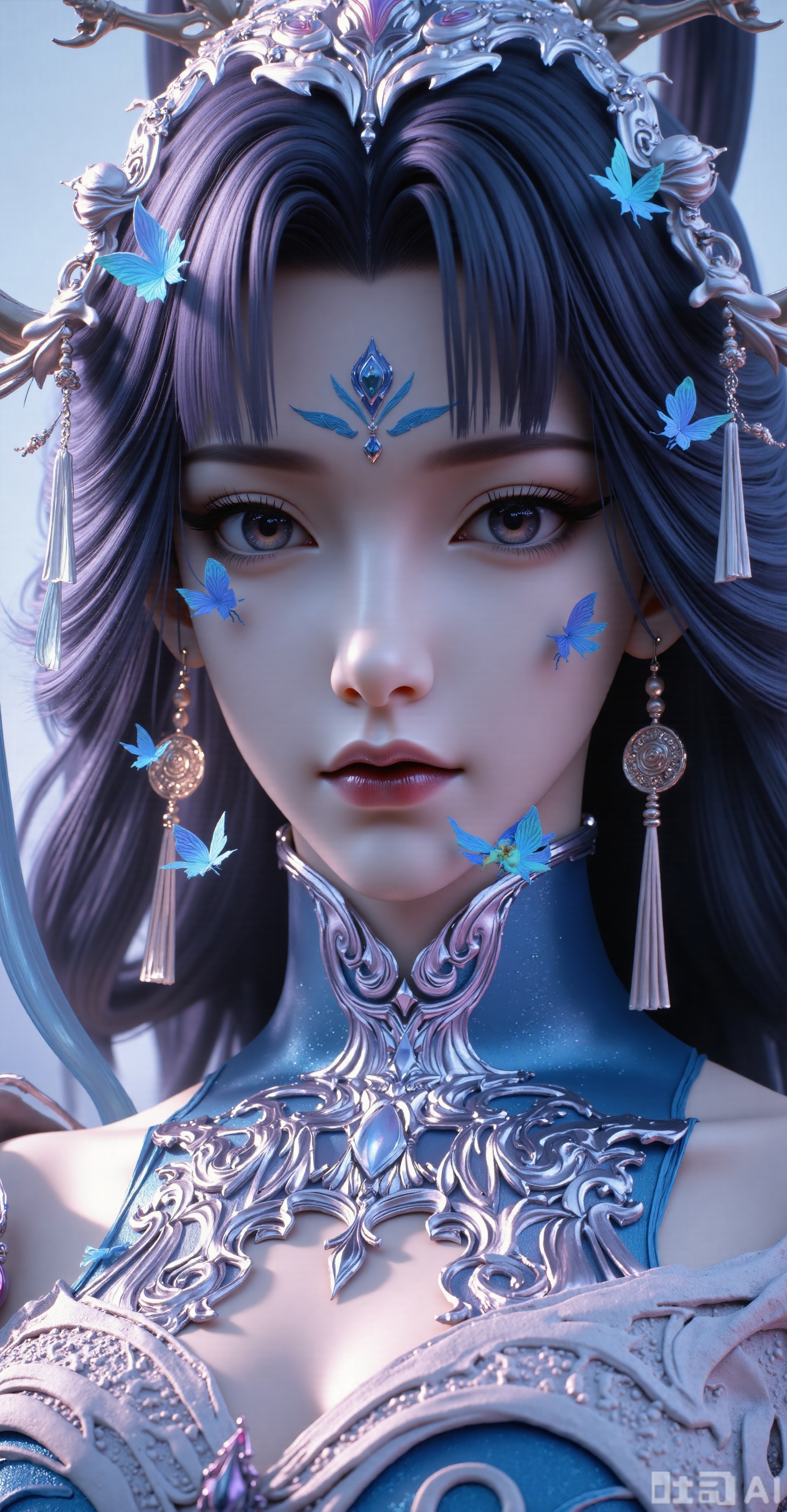 Character: Upper body close-up. Black hair is flowing, delicate skin and delicate makeup. Looking at the camera, long eyelashes, natural pink lips. Special Effects Elements: A large number of blue butterflies surround the character, some staying on the cheeks and forehead, and some flying between the hair. The butterfly's wings are flashing with dreamy light, and the exquisite starlight effect creates an extraordinary atmosphere; the expression facing the camera is very calm, with a hint of desire, giving people a feeling of immersed in beautiful fantasy. Front, skirt. Blue hair, pink skull,hongfenkulou