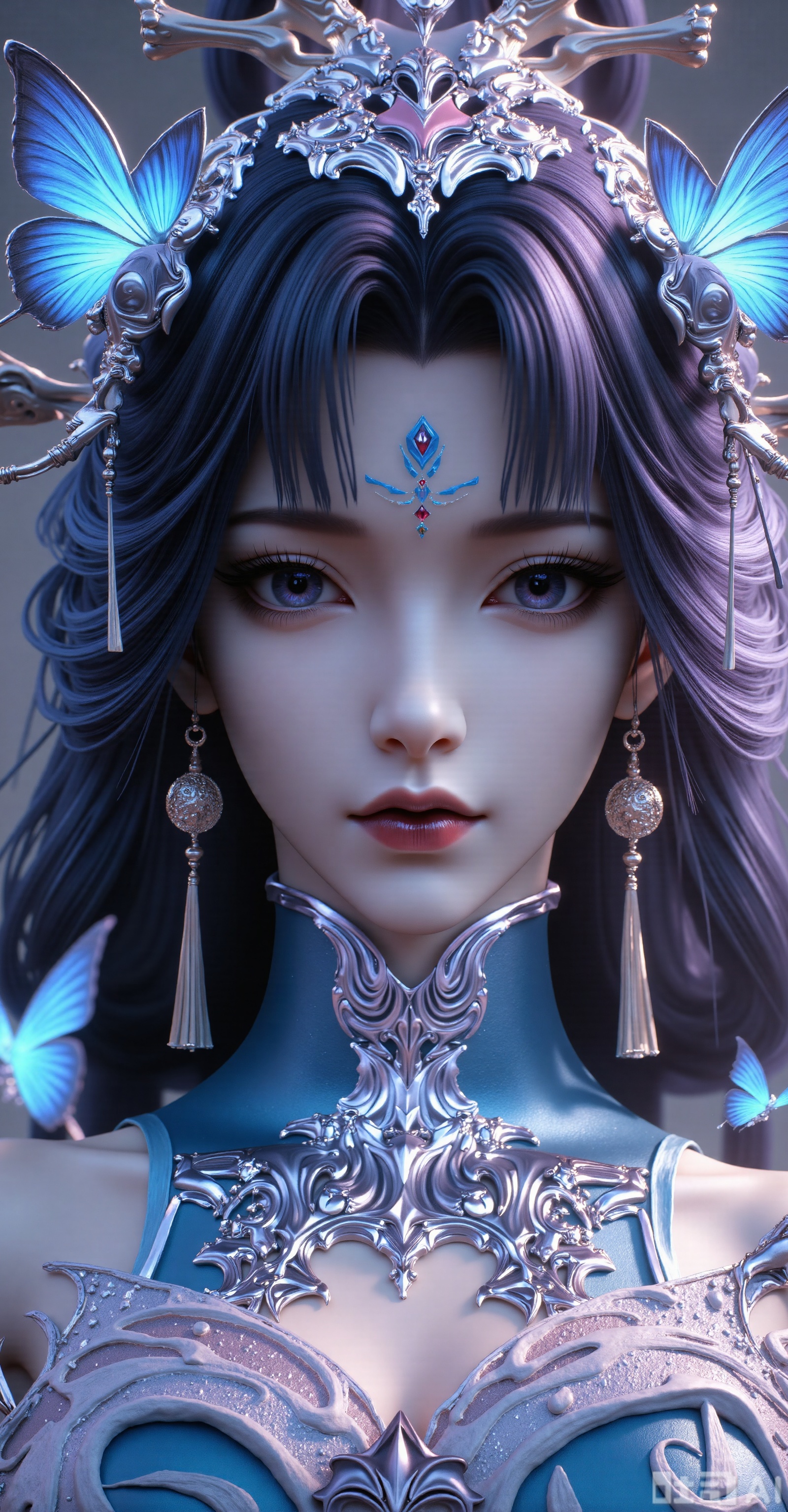 Character: Upper body close-up. Black hair is flowing, delicate skin and delicate makeup. Looking at the camera, long eyelashes, natural pink lips. Special Effects Elements: A large number of blue butterflies surround the character, some staying on the cheeks and forehead, and some flying between the hair. The butterfly's wings are flashing with dreamy light, and the exquisite starlight effect creates an extraordinary atmosphere; the expression facing the camera is very calm, with a hint of desire, giving people a feeling of immersed in beautiful fantasy. Front, skirt. Blue hair, pink skull,hongfenkulou