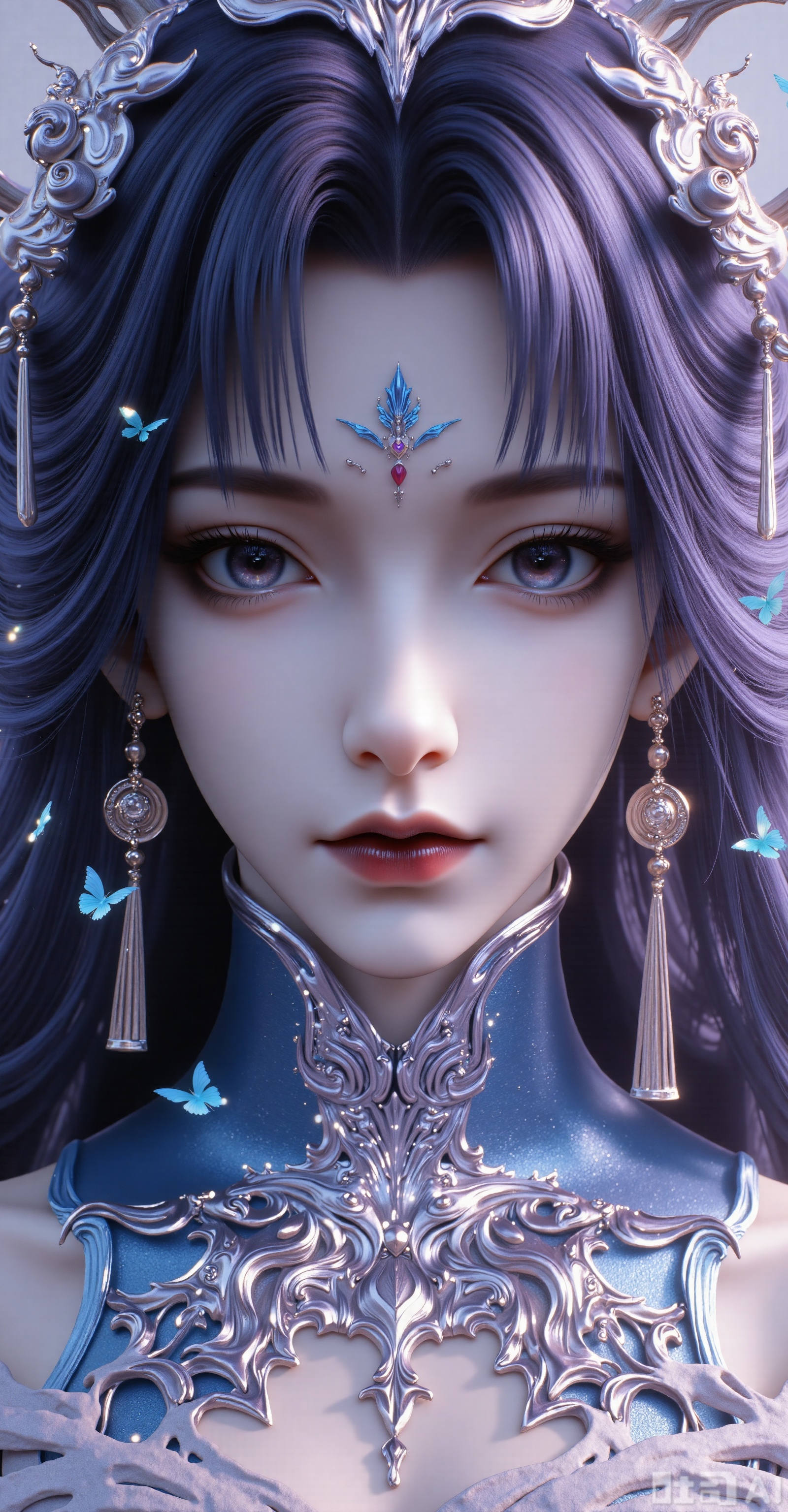 Character: Upper body close-up. Black hair is flowing, delicate skin and delicate makeup. Looking at the camera, long eyelashes, natural pink lips. Special Effects Elements: A large number of blue butterflies surround the character, some staying on the cheeks and forehead, and some flying between the hair. The butterfly's wings are flashing with dreamy light, and the exquisite starlight effect creates an extraordinary atmosphere; the expression facing the camera is very calm, with a hint of desire, giving people a feeling of immersed in beautiful fantasy. Front, skirt. Blue hair, pink skull