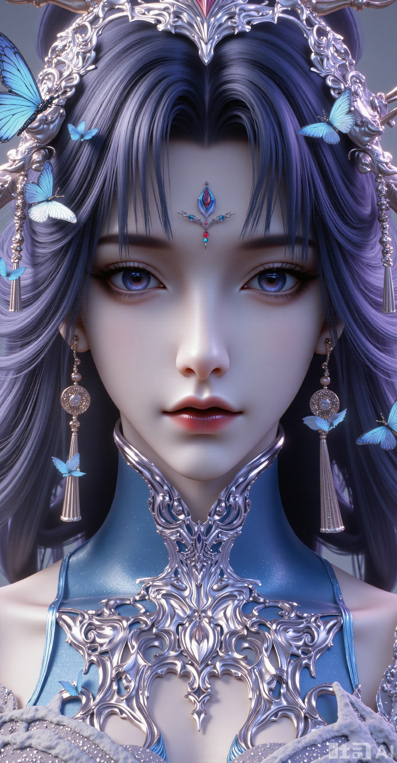 Character: Upper body close-up. Black hair is flowing, delicate skin and delicate makeup. Looking at the camera, long eyelashes, natural pink lips. Special Effects Elements: A large number of blue butterflies surround the character, some staying on the cheeks and forehead, and some flying between the hair. The butterfly's wings are flashing with dreamy light, and the exquisite starlight effect creates an extraordinary atmosphere; the expression facing the camera is very calm, with a hint of desire, giving people a feeling of immersed in beautiful fantasy. Front, skirt. Blue hair, pink skull