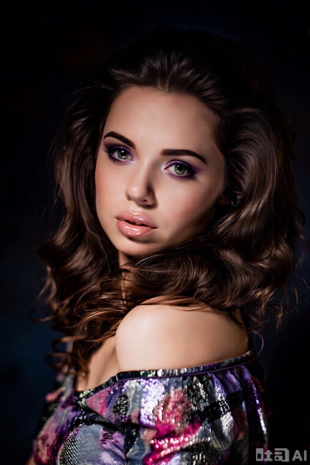 Photograph of a young woman with fair skin and wavy, dark brown hair styled in soft, voluminous waves. She has striking green eyes with bold, purple eyeshadow and thick, dark eyebrows. Her full lips are lightly glossed in a pinkish hue. She is wearing an off-the-shoulder top with a shimmering, multicolored pattern in shades of pink, purple, and silver. The background is a dark, gradient blue, which contrasts with her light skin and colorful top. The lighting highlights her facial features and the texture of her hair and top. Her expression is neutral, with a slight, enigmatic gaze directed at the camera.,fashion