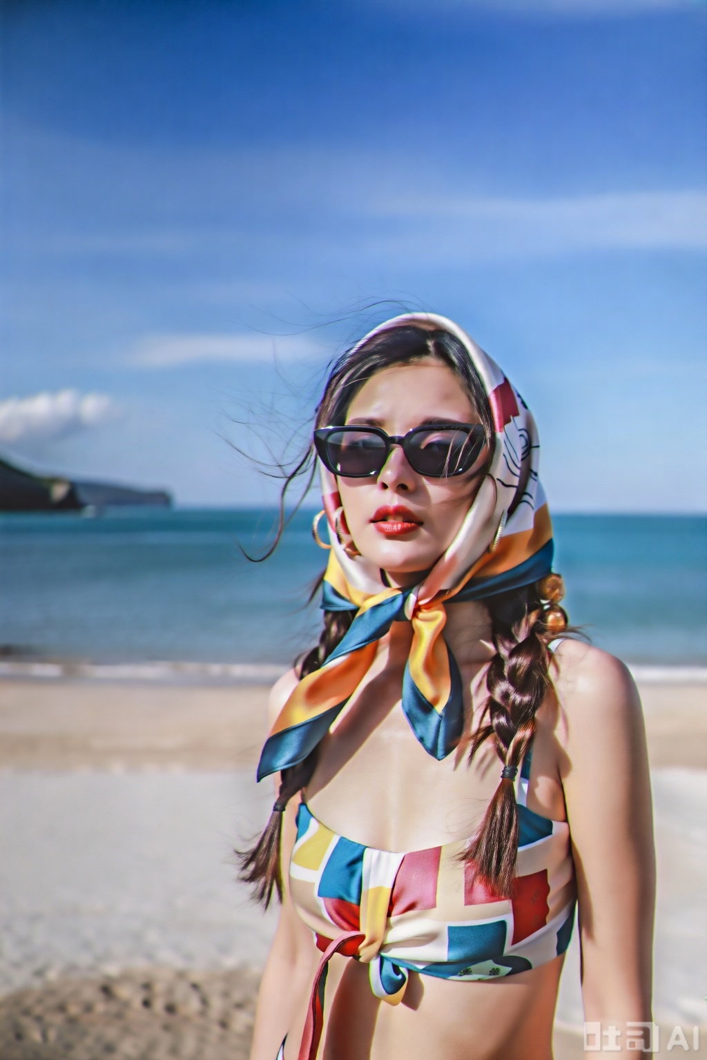 Photograph of a young white woman with fair skin and long brown hair in two braids

standing on a sunny beach with clear blue skies and turquoise ocean in the background. She wears a colorful

geometric-patterned bikini top that ties at the neck

revealing her small to medium-sized breasts. A matching headscarf with similar patterns covers her head

and she has on large

black

rectangular sunglasses and bold red lipstick. Her gold hoop earrings add a touch of glamour. The sandy beach stretches out behind her

with distant cliffs visible on the horizon. The image has a vibrant

summery feel.,fashion,lady1