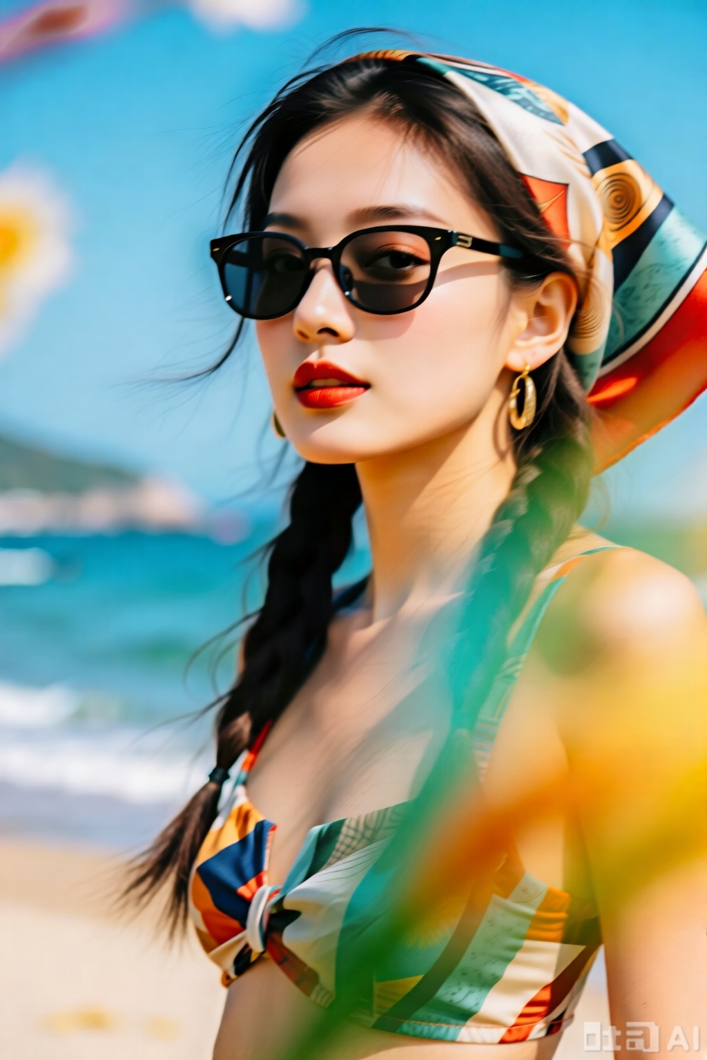 Photograph of a young white woman with fair skin and long brown hair in two braids

standing on a sunny beach with clear blue skies and turquoise ocean in the background. She wears a colorful

geometric-patterned bikini top that ties at the neck

revealing her small to medium-sized breasts. A matching headscarf with similar patterns covers her head

and she has on large

black

rectangular sunglasses and bold red lipstick. Her gold hoop earrings add a touch of glamour. The sandy beach stretches out behind her

with distant cliffs visible on the horizon. The image has a vibrant

summery feel.,fashion,lady1,光影