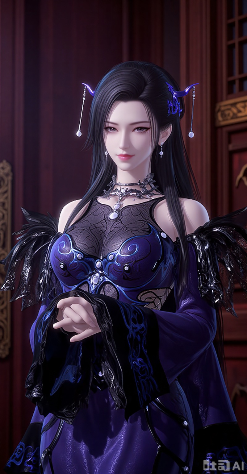 1girl, solo, long hair, breasts, black hair, dress, jewelry,  full body, purple dress,sitting,chair,indoors,high heels,
cover,burry_background,
lvjing,lvjing,pifu,yafei,dongxuaner,meidusha,guanghuapifu,xiaoyixian
