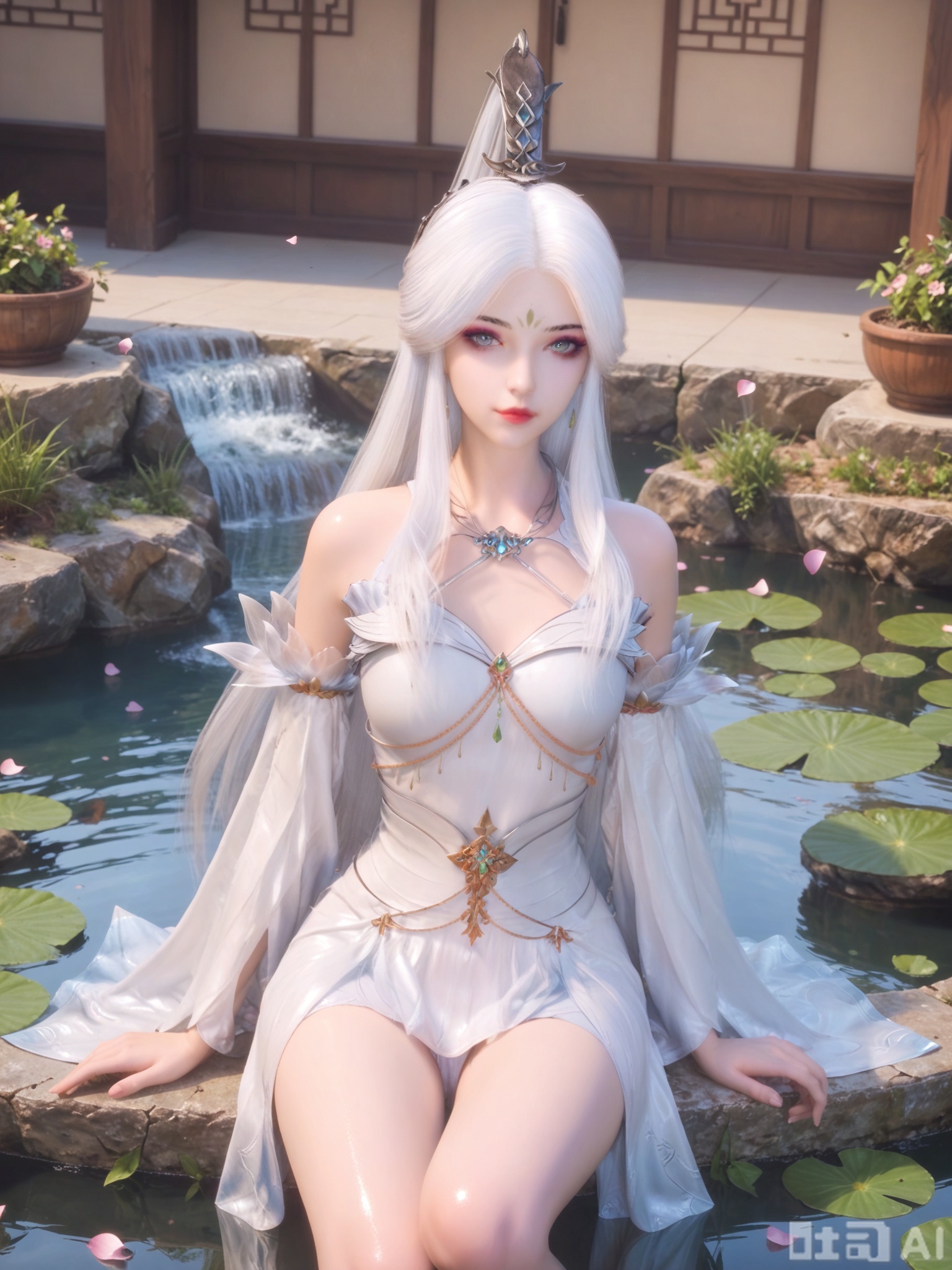score_9,score_8_up,score_7_up,realistic,photorealistic,1girl,solo,looking_at_viewer,realistic,1girl,Vivid Colors,bright environment,delicate water,hair_ornament,shiny skin,shiny hair,reflection,flower sea,falling petals,extreme detail description,(full body:0.5),long hair,(skindentation:1.3),bright,sunshine on face,light,sitting_down,reflection,leg slimming,lose weight,slim hips,hair ornament,necklace,make up,eyeshadow,eyeliner,eyelashes,white hair,chinese clothes,white dress,