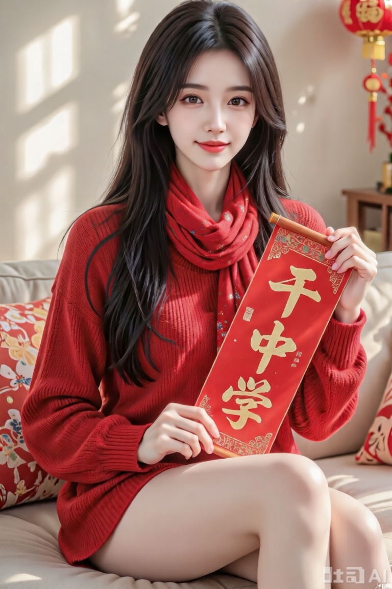 1 个女孩,美女,五官精致秀丽甜美,黑色长发,穿红色毛衣,全身,坐在沙发上,红色围巾,新年喜庆氛围,手拿一个新年快乐的红色横幅上用毛笔写着“干中学”三个金色大字,正面照,微笑,丁达尔光影,细节描写细致,精美,写实摄影,32K,大师级构图,