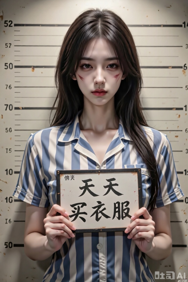 主体特征：图中肥美丽女孩双眼微眯眼神桀骜,嘴巴紧闭表情严肃,全身伤痕累累,捧着一块标牌。

服饰细节：身着蓝白色条纹短袖囚服,翻领设计,衣料质感厚实有褶皱,领口自然垂落,衣长覆盖至躯干中部。

标牌信息：黑色边框矩形白色标牌,中央用黑色毛笔字体书写“天天买衣服”汉字,字迹粗犷有力,标牌边缘略微磨损。

背景设定：仿警局身高测量背景板,米白色底纸上印有黑色水平刻度线,从52英寸到70英寸不等,左右两侧标注对应数字,刻度线边缘有轻微做旧泛黄效果。

光影氛围：顶光照射形成明显阴影,面部下方及颈部阴影浓重,背景刻度线因光线呈现深浅不一的灰度,整体色调偏暖棕,营造复古纪实感。

构图比例：主体居中占画面70%空间,头顶与刻度线66-70英寸处对齐,标牌位于胸腔正前方。