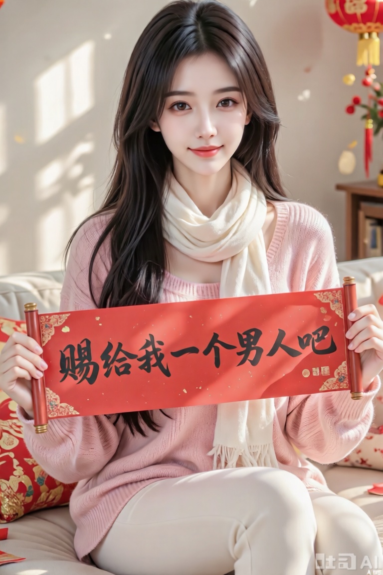 1 个女孩,美女,五官精致秀丽甜美,黑色长发,粉色毛衣,全身,坐在沙发上,白色围巾,新年喜庆氛围,手拿一个新年快乐的红色横幅上用书法写着“赐给我一个男人吧”几个大字,正面照,微笑,丁达尔光影,细节描写细致,精美,写实摄影,32K,大师级构图,