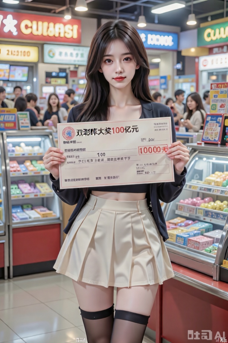 一个女孩,身穿时尚性感的短裙,自信地站在一家彩票店里,手里拿着一张巨大的模拟支票,上面写着“双彩球大奖100亿元”。她对着镜头微笑,周围是彩票展示和兴奋的顾客。超逼真的灯光,8K 细节。