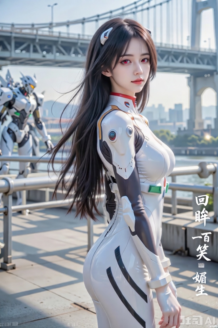 一张高质量的光影作品,展现强烈的张力和影响力。前景模糊,背景简单,焦点集中在绫波丽的机甲和伊娃01上。阳光透过栏杆,形成复杂而细腻的光影效果。她身穿白色紧身连衣裤,长发披肩,红眼闪烁。闭嘴微笑,回头看向镜头,头发在风中飘扬。背景是巨大的桥和科幻机甲,高对比度的舒缓色调,锐利清晰,高达32K UHD分辨率。***：光影、线条艺术、阴影、张力十足、电影透视、高质量、前景模糊、solo_focus、简单背景、深度景深、阳光、反光、精湛细节、复杂细节、舒缓色调、高对比度、自然皮肤纹理、柔和光线、锐利、超高分辨率、、机甲、单喇叭、栏杆、长发、闭嘴微笑、紧身连衣裤、交替发型、插头套装。旁边写着“回眸一笑百媚生”几个大字