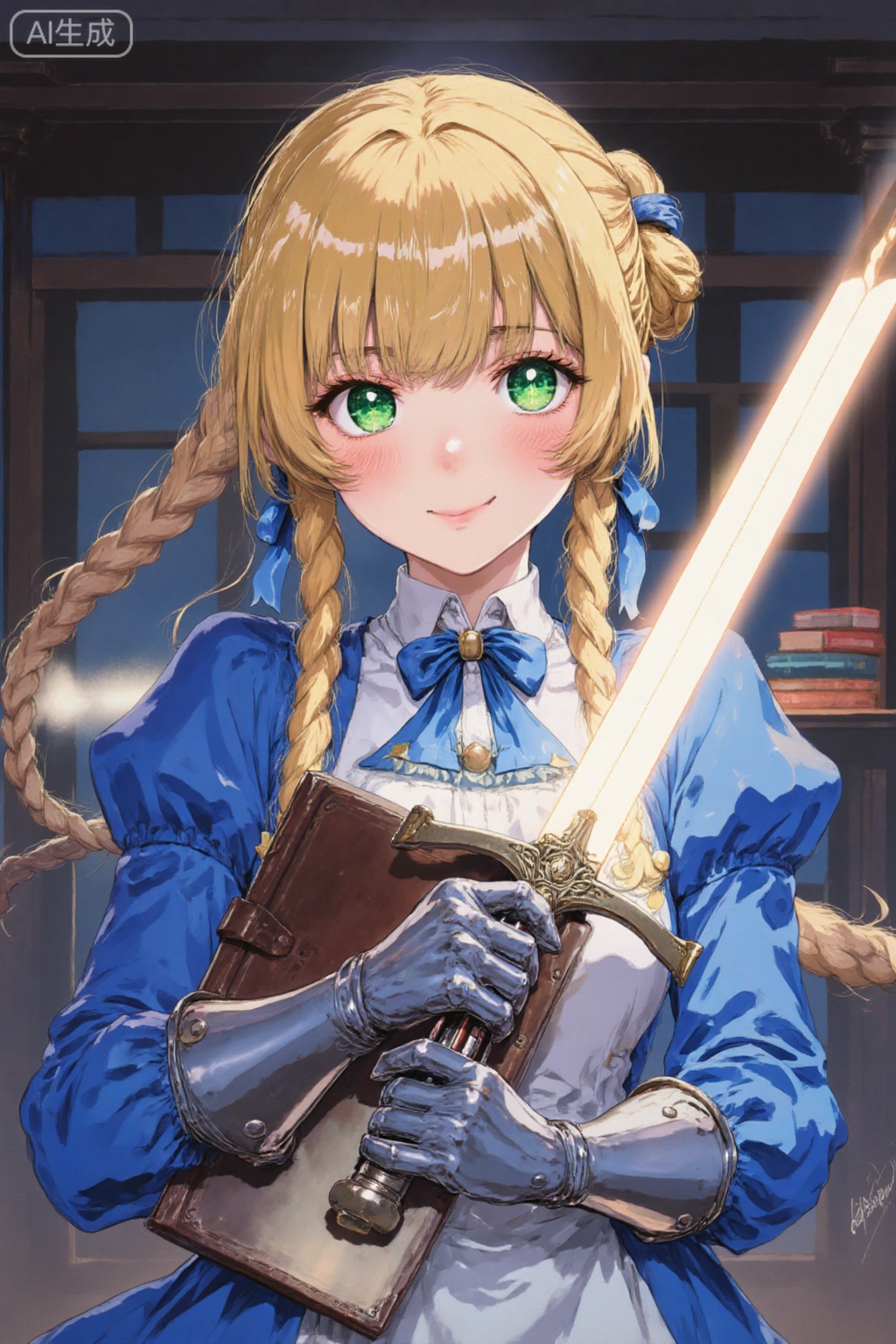 1girl,solo,long hair,breasts,looking at viewer,blush,smile,bangs,blonde hair,long sleeves,dress,ribbon,holding,hair between eyes,medium breasts,closed mouth,green eyes,hair ribbon,upper body,weapon,braid,sidelocks,puffy sleeves,sword,indoors,hair bun,holding weapon,armor,book,blue dress,holding sword,hair intakes,single hair bun,blue ribbon,juliet sleeves,shoulder armor,gauntlets,french braid,braided bun,book stack,glowing weapon,glowing sword,
