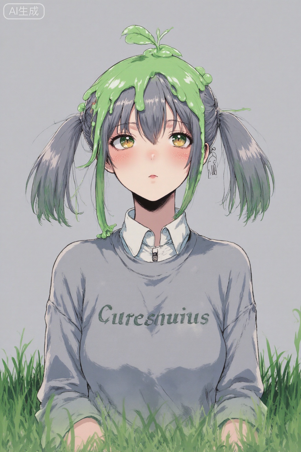 {{{nahida (genshin impact)}}},twintails,on_head,slime,slimel_on_head,green slime,solo,looking_at_viewer,long_hair,grass,leaf,slime_on_head,head_rest,animal,simple_background,grey_background,:t,long_sleeves,hair_between_eyes,upper_body,grey_shirt,shirt,pout,bangs,closed_mouth,sweater,english_text,best quality,amazing quality,very aesthetic,absurdres,masterpiece,extreme aesthetic,(quasarcake:0.7),masterpiece,best quality,good quality,newest,year 2024,year 2023,very aesthetic,absurdres,