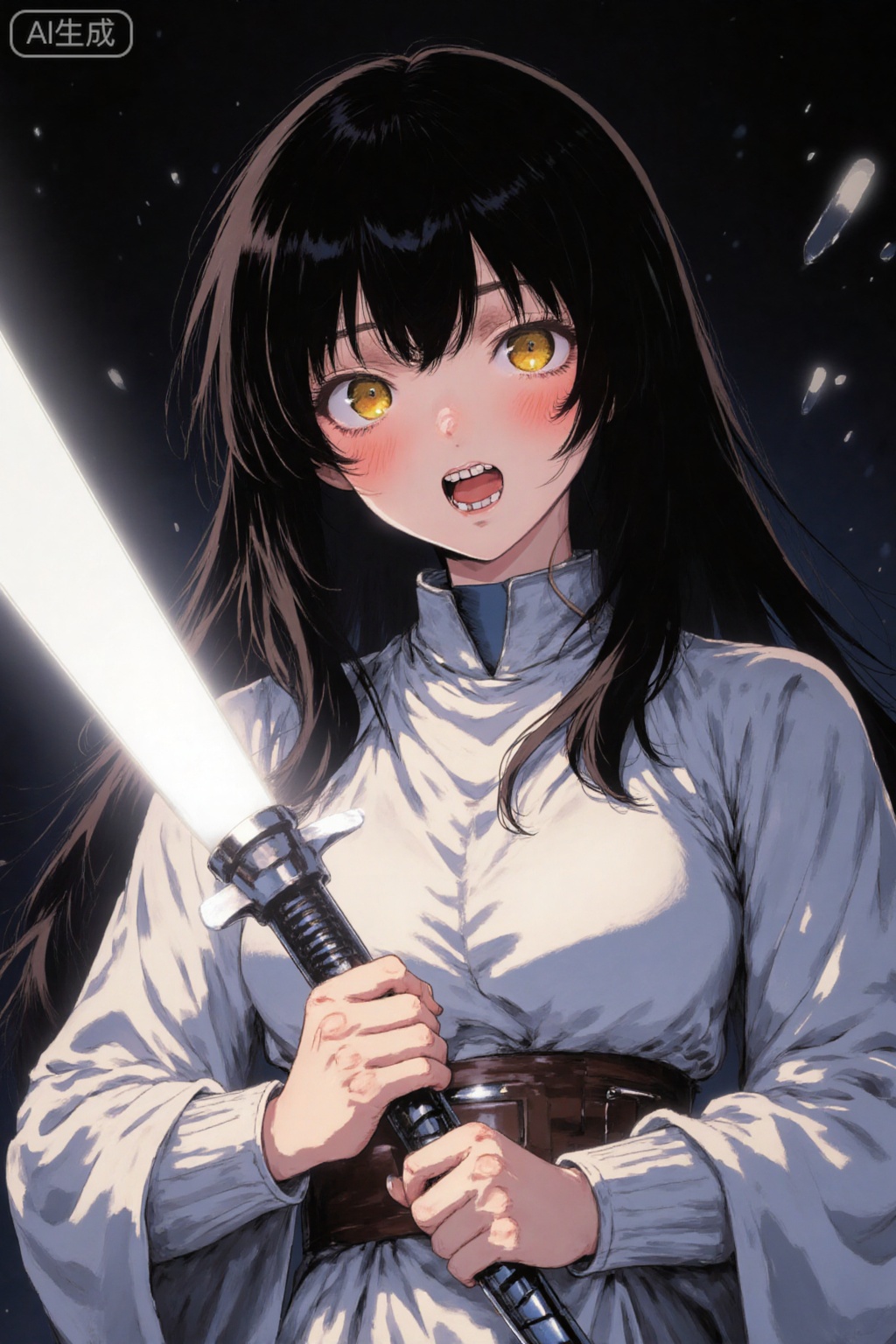 1girl, solo, long hair, breasts, looking at viewer, blush, open mouth, bangs, black hair, long sleeves, holding, hair between eyes, yellow eyes, weapon, teeth, sword, twitter username, holding weapon, sash, floating hair, glowing, upper teeth only, holding sword, robe, energy sword, white robe, glowing sword, lightsaber