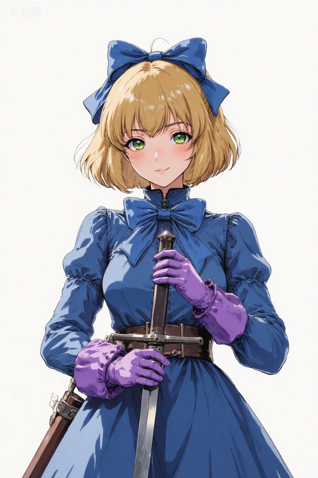 1girl, solo, breasts, looking at viewer, smile, short hair, bangs, blonde hair, simple background, gloves, long sleeves, white background, dress, bow, holding, closed mouth, green eyes, weapon, hair bow, puffy sleeves, belt, sword, signature, holding weapon, blue dress, blue bow, holding sword, knife, juliet sleeves, sheath, dagger, purple gloves