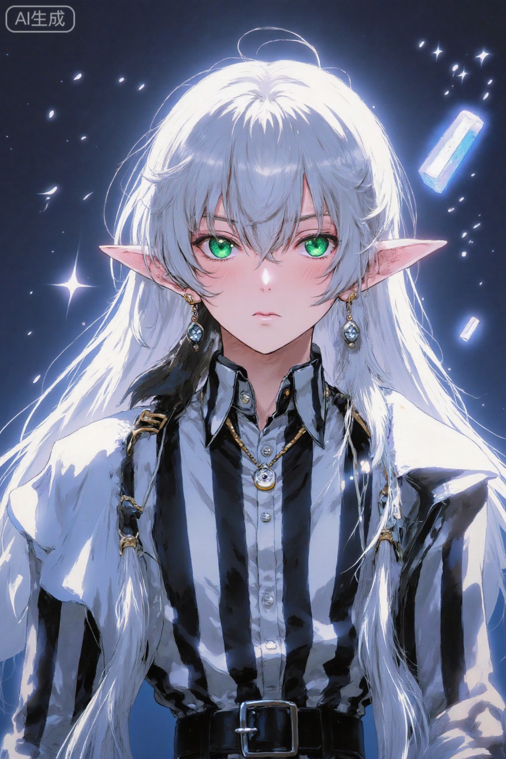 solo, long hair, looking at viewer, bangs, shirt, long sleeves, 1boy, twintails, jewelry, closed mouth, green eyes, white hair, male focus, earrings, pointy ears, striped, belt, parted bangs, sparkle, capelet, floating hair, elf, androgynous, black belt, glint, white capelet, floating object