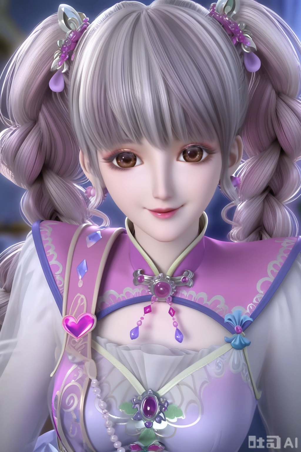 masterpiece, best quality, masterpiece,best quality,official art,extremely detailed CG unity 8k wallpaper,1girl,solo,long hair,looking at viewer,bangs,silver hair,pink hair,multicolored hair,twintails,brown eyes,jewelry,braid,earrings,twin braids,lips,a purple stocking,a white sock,asymmetrical legwear,smile