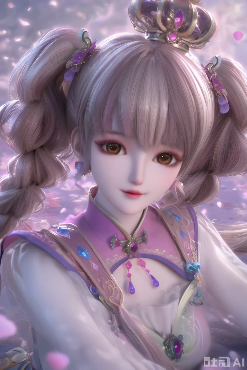 masterpiece, best quality, masterpiece,best quality,official art,extremely detailed CG unity 8k wallpaper,1girl,solo,long hair,looking at viewer,bangs,brown hair,pink hair,multicolored hair,twintails,brown eyes,crown,jewelry,braid,earrings,twin braids,lips,petals,Many petals,wind,Big petals,simple background,happiness,happiness,happiness,wind,on stomach,legs