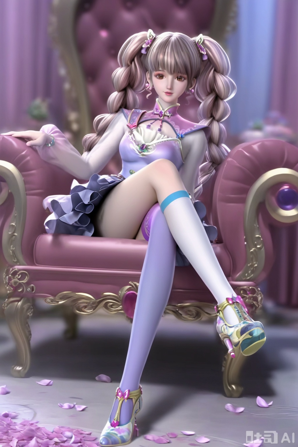 masterpiece, best quality, masterpiece,best quality,official art,extremely detailed CG unity 8k wallpaper,1girl,solo,long hair,looking at viewer,bangs,brown hair,pink hair,multicolored hair,twintails,brown eyes,jewelry,braid,earrings,twin braids,lips,a purple stocking,(a white sock:1.2),(asymmetrical legwear:1.3),high heels,indoors,bed,sitting,pink background,single sock, (white bobby sock:1.3), petals,Many petals,wind,Big petals,single thighhigh,crossed legs,thighs,(crossed legs:1.3),bare one knee