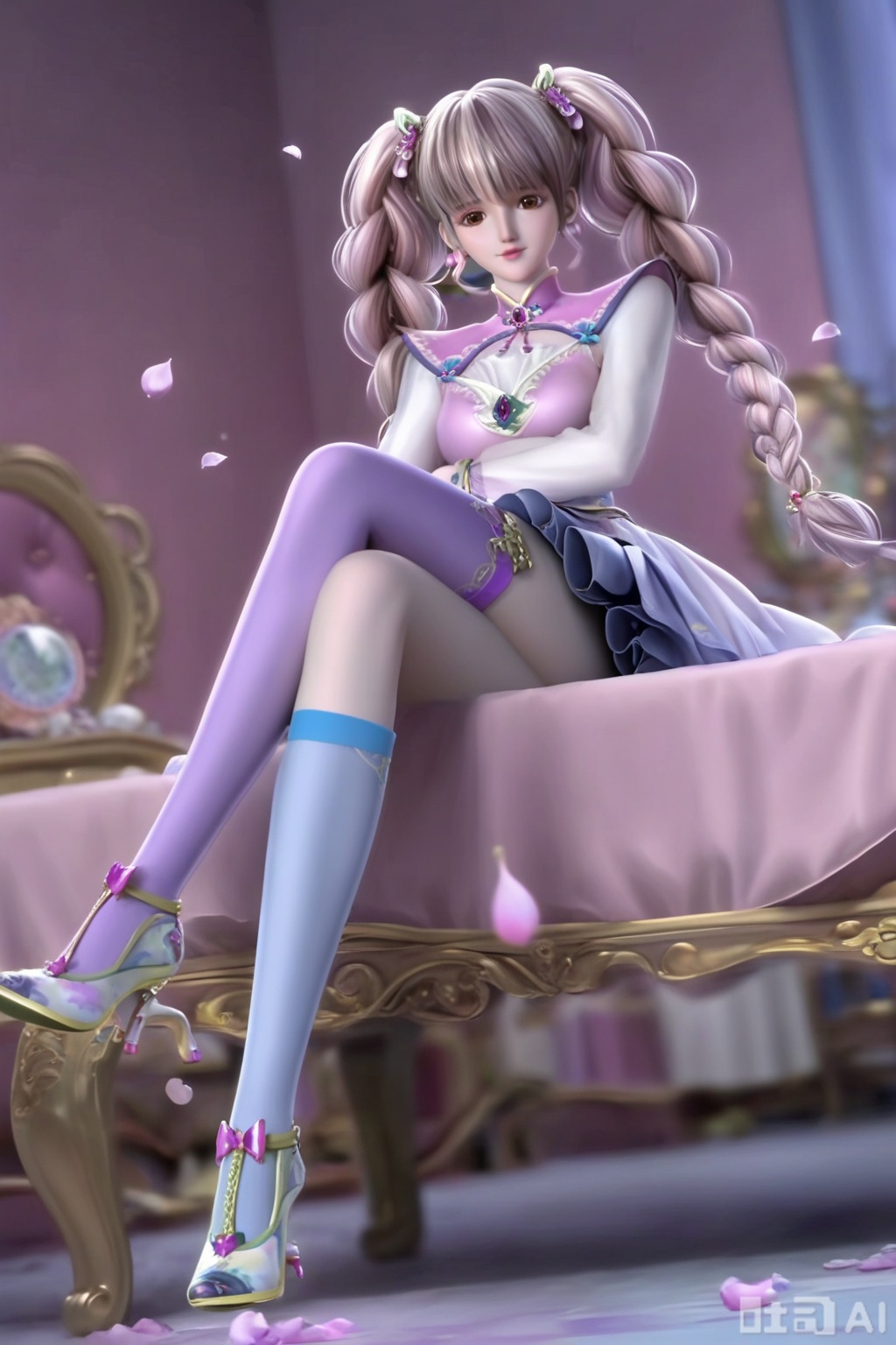 masterpiece, best quality, masterpiece,best quality,official art,extremely detailed CG unity 8k wallpaper,1girl,solo,long hair,looking at viewer,bangs,brown hair,pink hair,multicolored hair,twintails,brown eyes,jewelry,braid,earrings,twin braids,lips,a purple stocking,(a white sock:1.2),(asymmetrical legwear:1.3),high heels,indoors,bed,sitting,pink background,single sock, (white bobby sock:1.3), petals,Many petals,wind,Big petals,single thighhigh,crossed legs,thighs,(crossed legs:1.3)