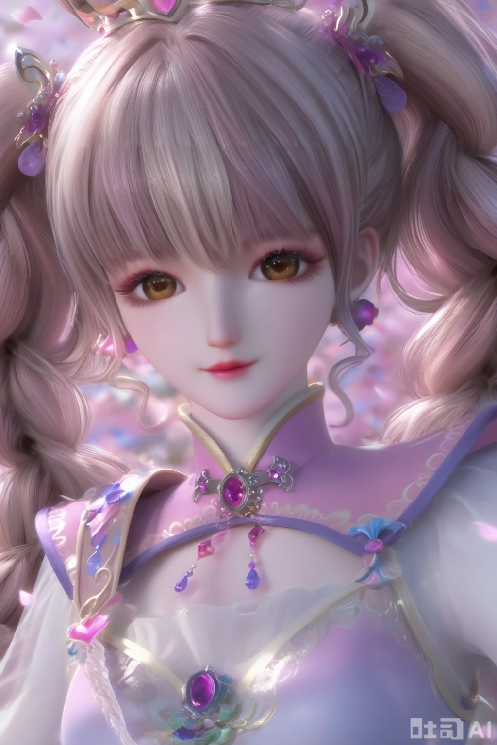 masterpiece, best quality, masterpiece,best quality,official art,extremely detailed CG unity 8k wallpaper,1girl,solo,long hair,looking at viewer,bangs,brown hair,pink hair,multicolored hair,twintails,brown eyes,crown,jewelry,braid,earrings,twin braids,lips,petals,Many petals,wind,Big petals,portrait,simple background,happiness,happiness,happiness,wind