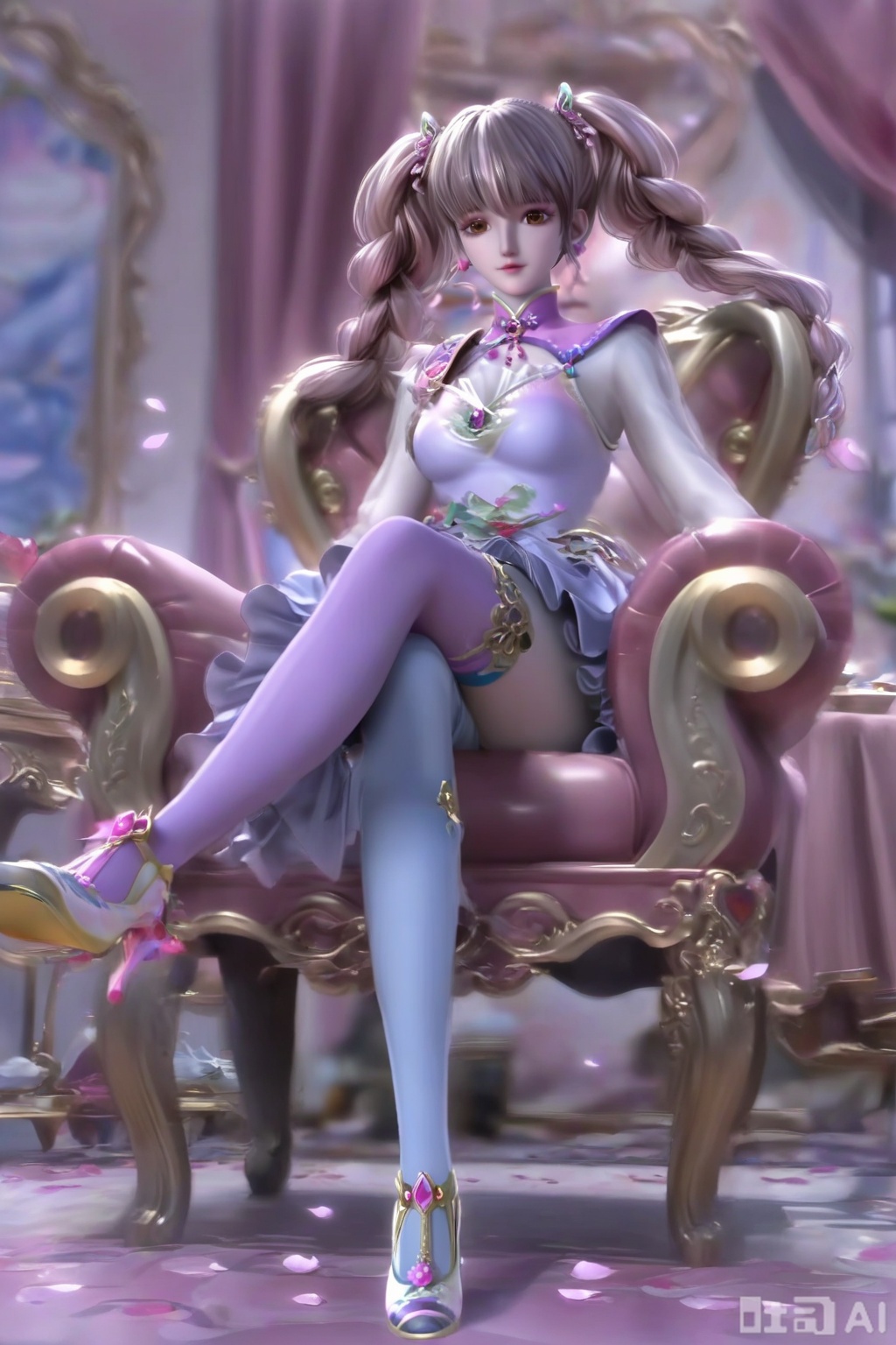 masterpiece, best quality, masterpiece,best quality,official art,extremely detailed CG unity 8k wallpaper,1girl,solo,long hair,looking at viewer,bangs,brown hair,pink hair,multicolored hair,twintails,brown eyes,jewelry,braid,earrings,twin braids,lips,a purple stocking,(a white sock:1.2),(asymmetrical legwear:1.3),high heels,indoors,bed,sitting,pink background,single sock, (white bobby sock:1.3), petals,Many petals,wind,Big petals,single thighhigh,crossed legs,thighs,(crossed legs:1.3),bare one knee