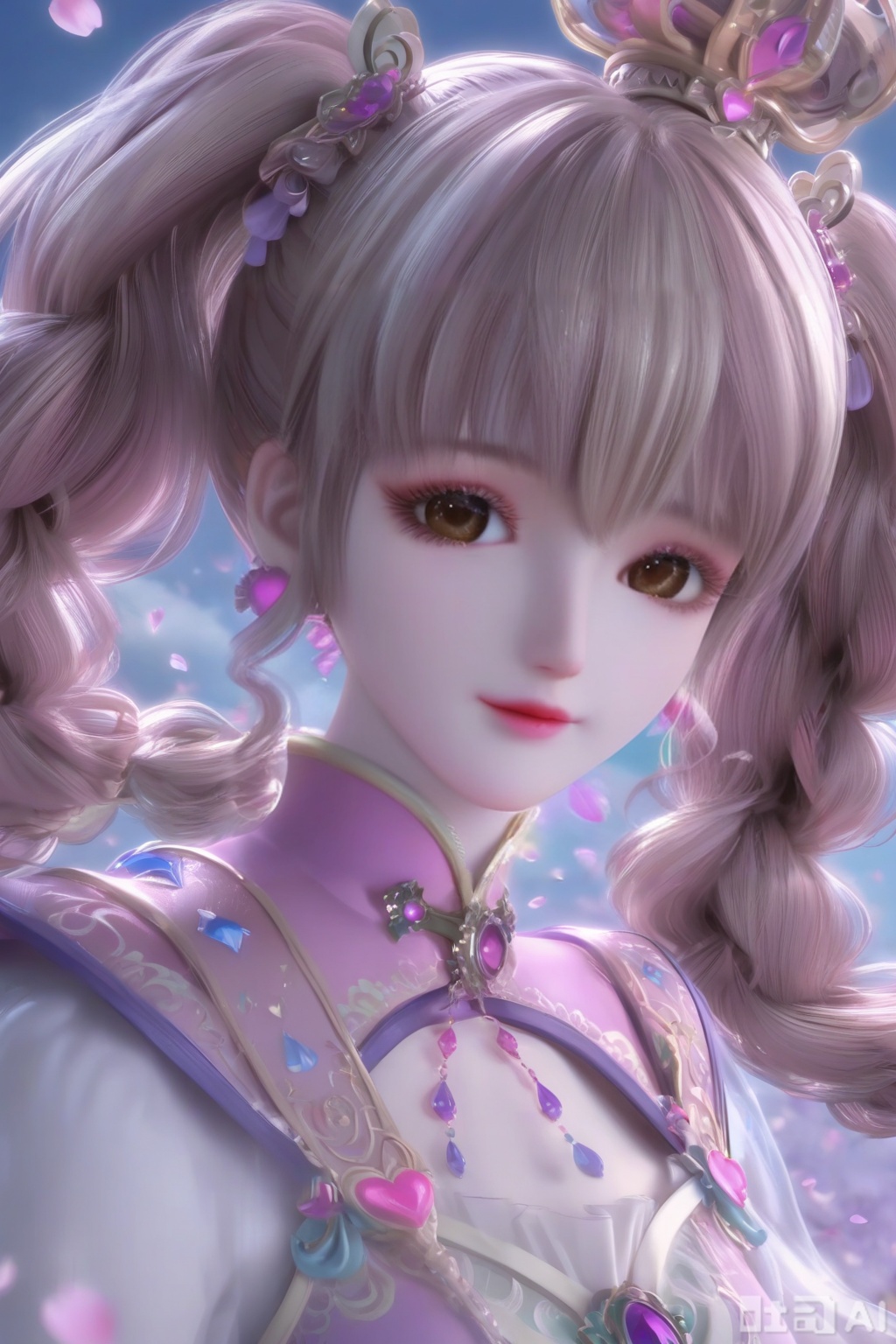 masterpiece, best quality, masterpiece,best quality,official art,extremely detailed CG unity 8k wallpaper,1girl,solo,long hair,looking at viewer,bangs,brown hair,pink hair,multicolored hair,twintails,brown eyes,crown,jewelry,braid,earrings,twin braids,lips,petals,Many petals,wind,Big petals,portrait,simple background,happiness,happiness,happiness,wind