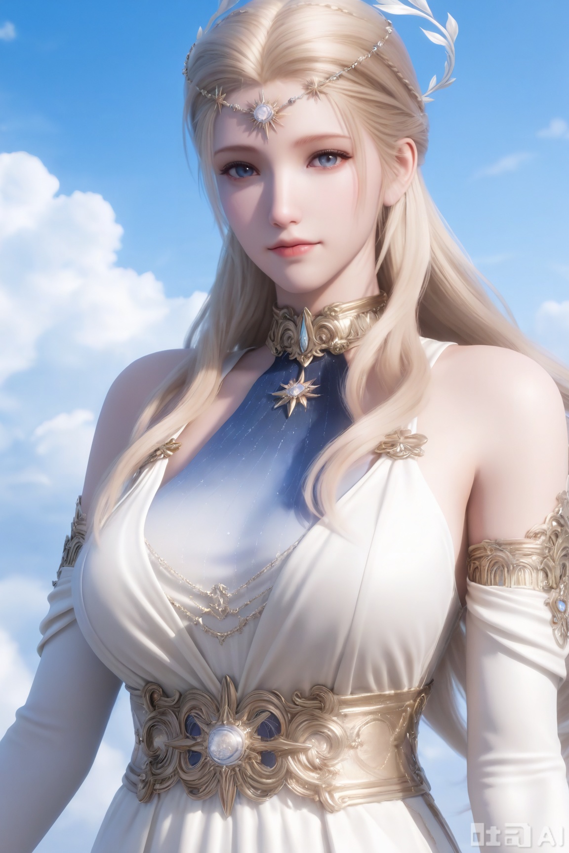 1girl, solo, long hair, breasts, looking at viewer, blue eyes, blonde hair, hair ornament, dress, bare shoulders, upper body, detached sleeves, sky, cloud, white dress, blue sky, 

masterpiece,highres,absurdres,32K UHD,newest,high detail , Exquisite beauty, charming, 3D real-person modeling, overall high-definition contrast, reasonable lighting. High-definition blue light quality. Ultra-high-definition rendering.Clear image, beyond the rendering precision of game engines, realistic and delicate skin texture, master-level cinematic image standards, hyper-realistic, realistic rendering, realistic lighting and shadows. Brightness, glamorous, cool color scheme, lifelike, HDR, sense of depth, ultra-clear rendering by virtual engine.3D rendering, anime realistic mixed style, surrealism, she has a perfect figure, plump, curvaceous, adding a touch of graceful charm to her overall physique, confident and composed,