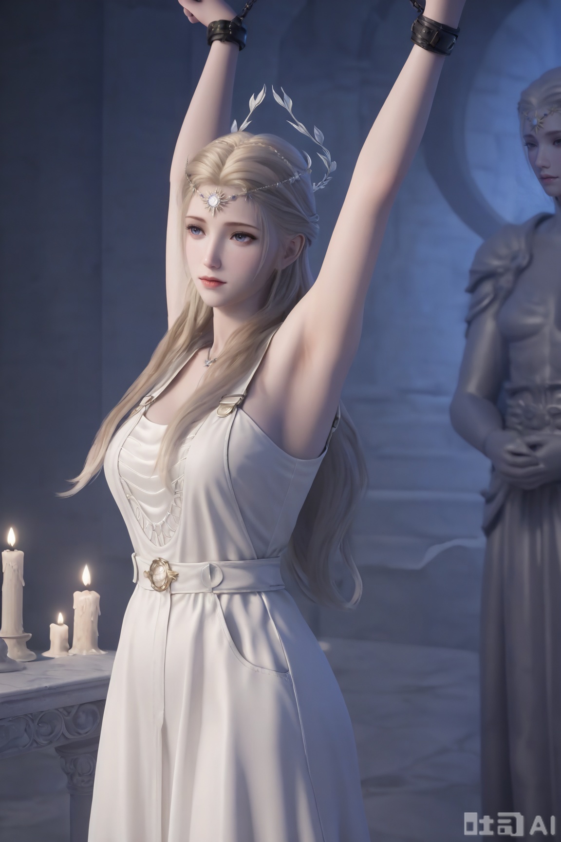 1girl,detailed face,solo,blonde hair, hair ornament,long hair,dress,bound,outstretched armsrestrained,candle,statue,
masterpiece,highres,absurdres,32K UHD,newest,high detail , Exquisite beauty, charming, 3D real-person modeling, overall high-definition contrast, reasonable lighting. High-definition blue light quality. Ultra-high-definition rendering.Clear image, beyond the rendering precision of game engines, realistic and delicate skin texture, master-level cinematic image standards, hyper-realistic, realistic rendering, realistic lighting and shadows. Brightness, glamorous, cool color scheme, lifelike, HDR, sense of depth, ultra-clear rendering by virtual engine.3D rendering, anime realistic mixed style, surrealism, she has a perfect figure, plump, curvaceous, adding a touch of graceful charm to her overall physique, confident and composed,