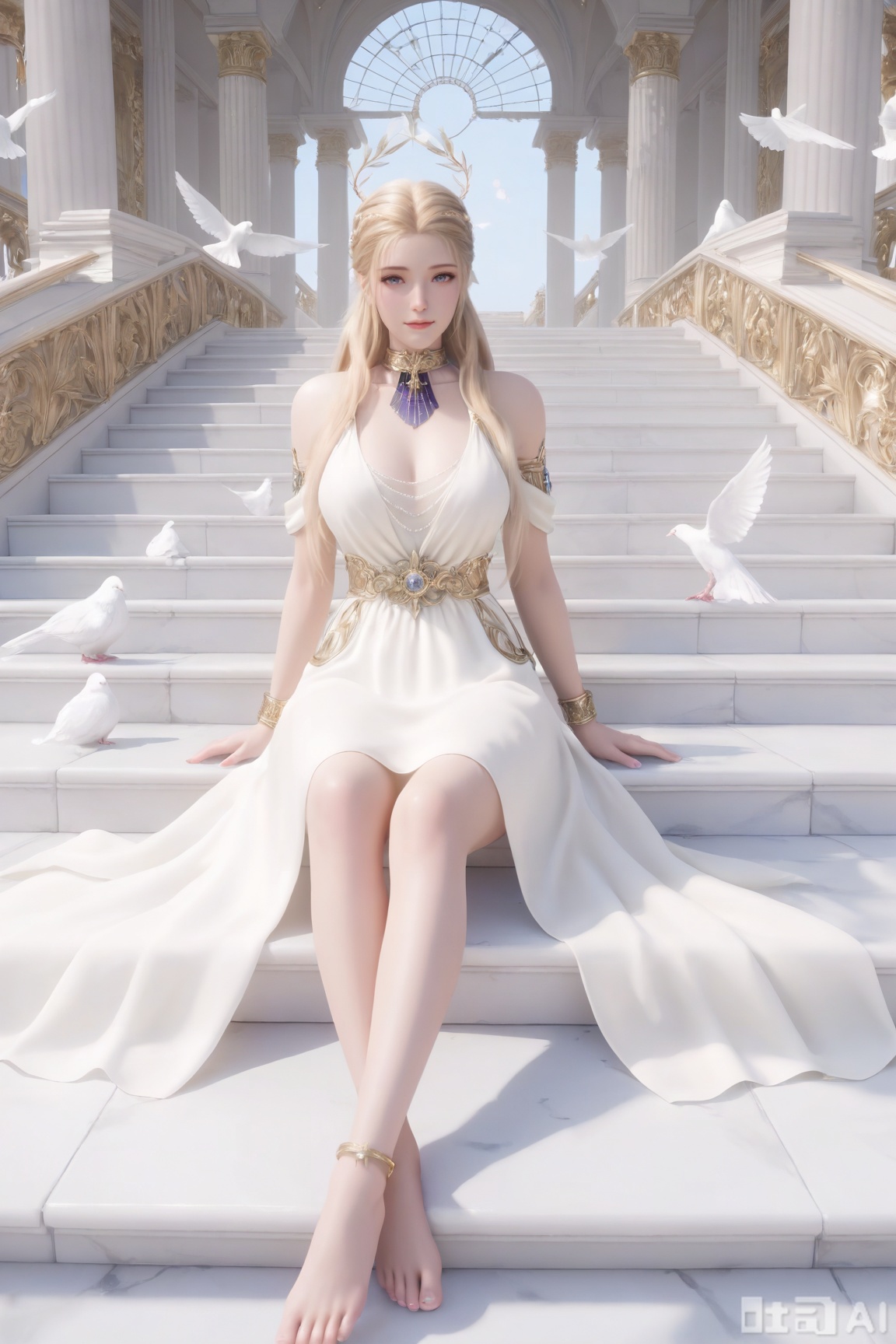 1girl, solo, long hair, looking at viewer, blonde hair, dress, jewelry, sitting, full body, braid, barefoot, indoors, white dress, bracelet, bird, halo, stairs, anklet, pillar, dove, column, white bird,
masterpiece,highres,absurdres,32K UHD,newest,high detail , Exquisite beauty, charming, 3D real-person modeling, overall high-definition contrast, reasonable lighting. High-definition blue light quality. Ultra-high-definition rendering.Clear image, beyond the rendering precision of game engines, realistic and delicate skin texture, master-level cinematic image standards, hyper-realistic, realistic rendering, realistic lighting and shadows. Brightness, glamorous, cool color scheme, lifelike, HDR, sense of depth, ultra-clear rendering by virtual engine.3D rendering, anime realistic mixed style, surrealism, she has a perfect figure, plump, curvaceous, adding a touch of graceful charm to her overall physique, confident and composed,