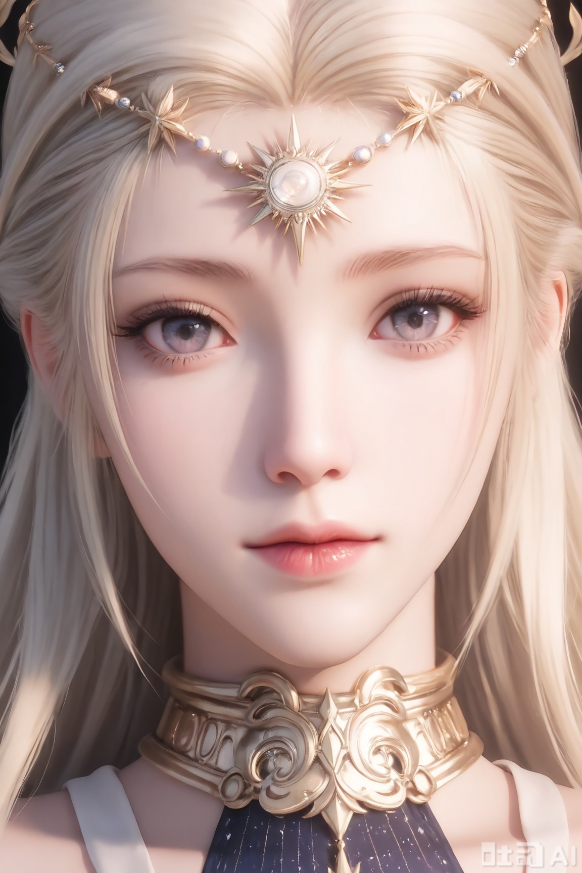 1girl,detailed face,solo,blonde hair, hair ornament,long hair,dress,looking at viewer,portrait,circlet,lips,metal collar,
masterpiece,highres,absurdres,32K UHD,newest,high detail , Exquisite beauty, 