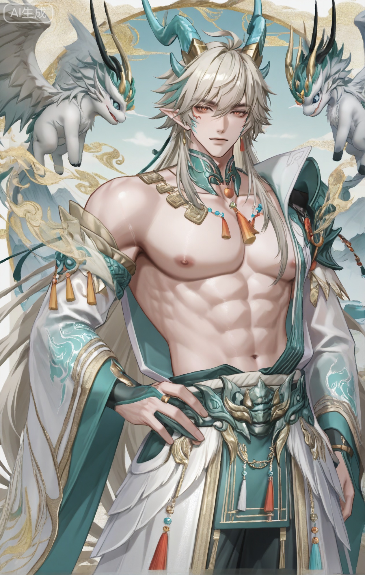 baizei,dragon,dragon horns,dragon boy,long hair,1boy,wide sleeves,japanese clothes,jewelry,grey hair,pants,xiaozhitiao