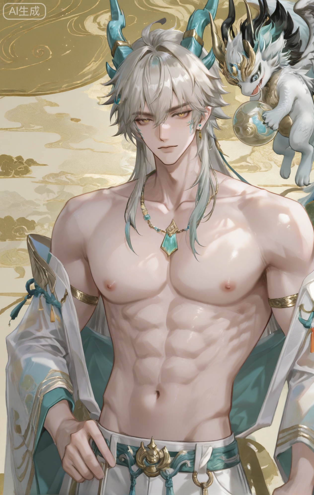 baizei,dragon,dragon horns,dragon boy,long hair,1boy,wide sleeves,japanese clothes,jewelry,grey hair,pants,xiaozhitiao