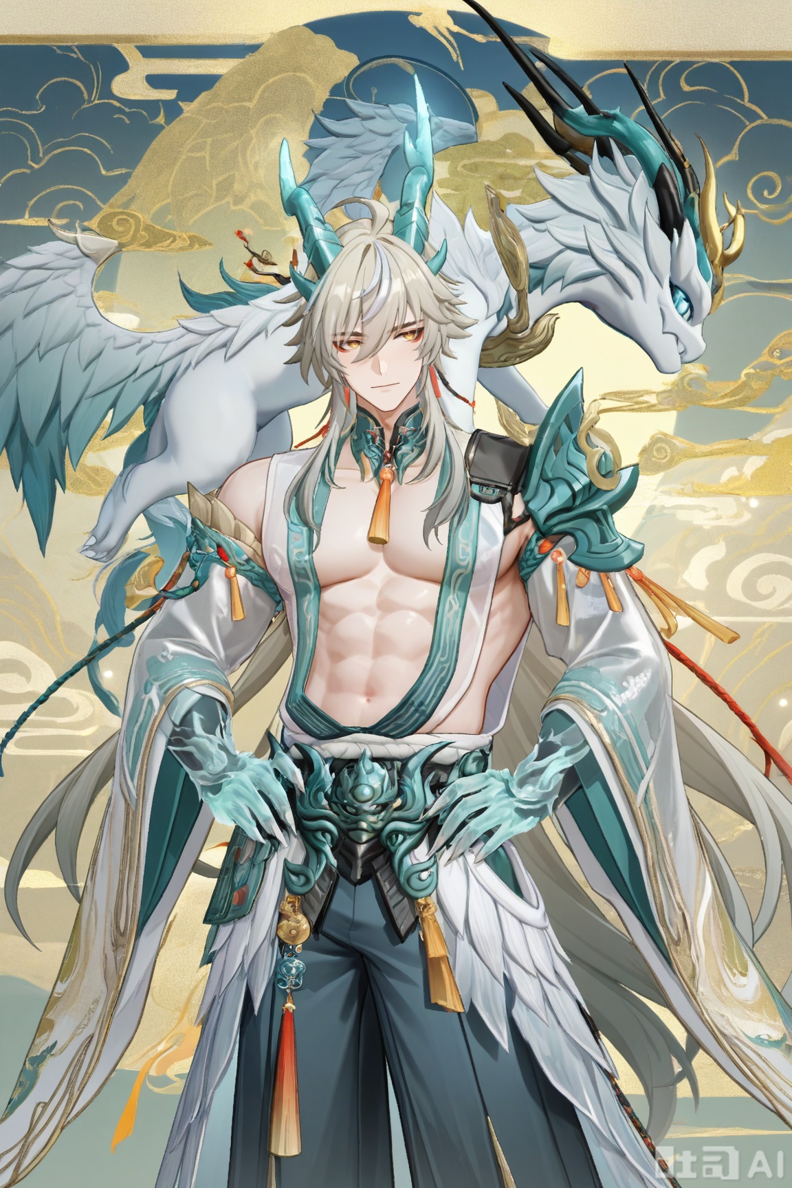 baizei,dragon,dragon horns,dragon boy,long hair,1boy,wide sleeves,japanese clothes,jewelry,grey hair,pants