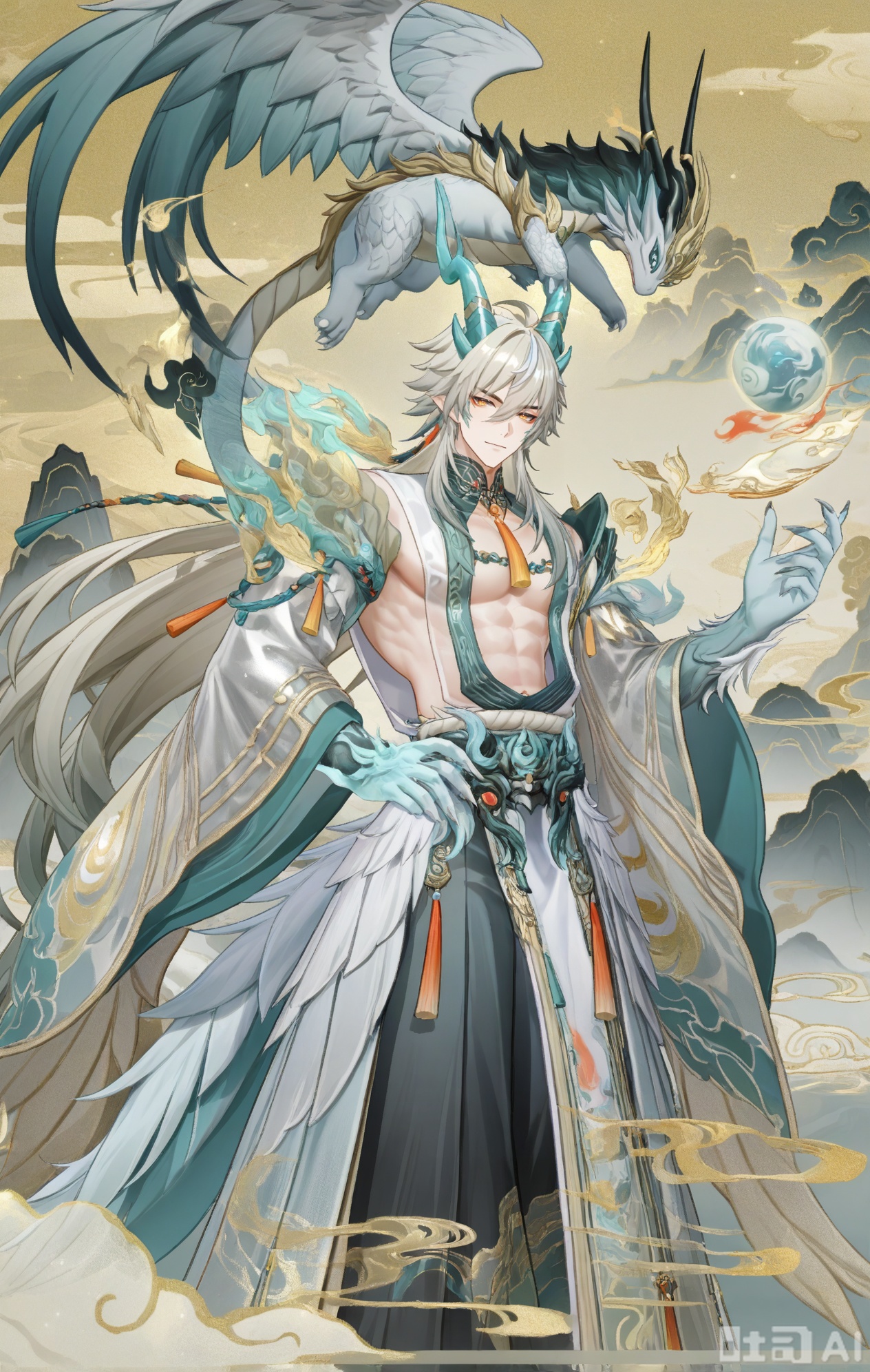 baizei,dragon,dragon horns,dragon boy,long hair,1boy,wide sleeves,japanese clothes,jewelry,grey hair,pants