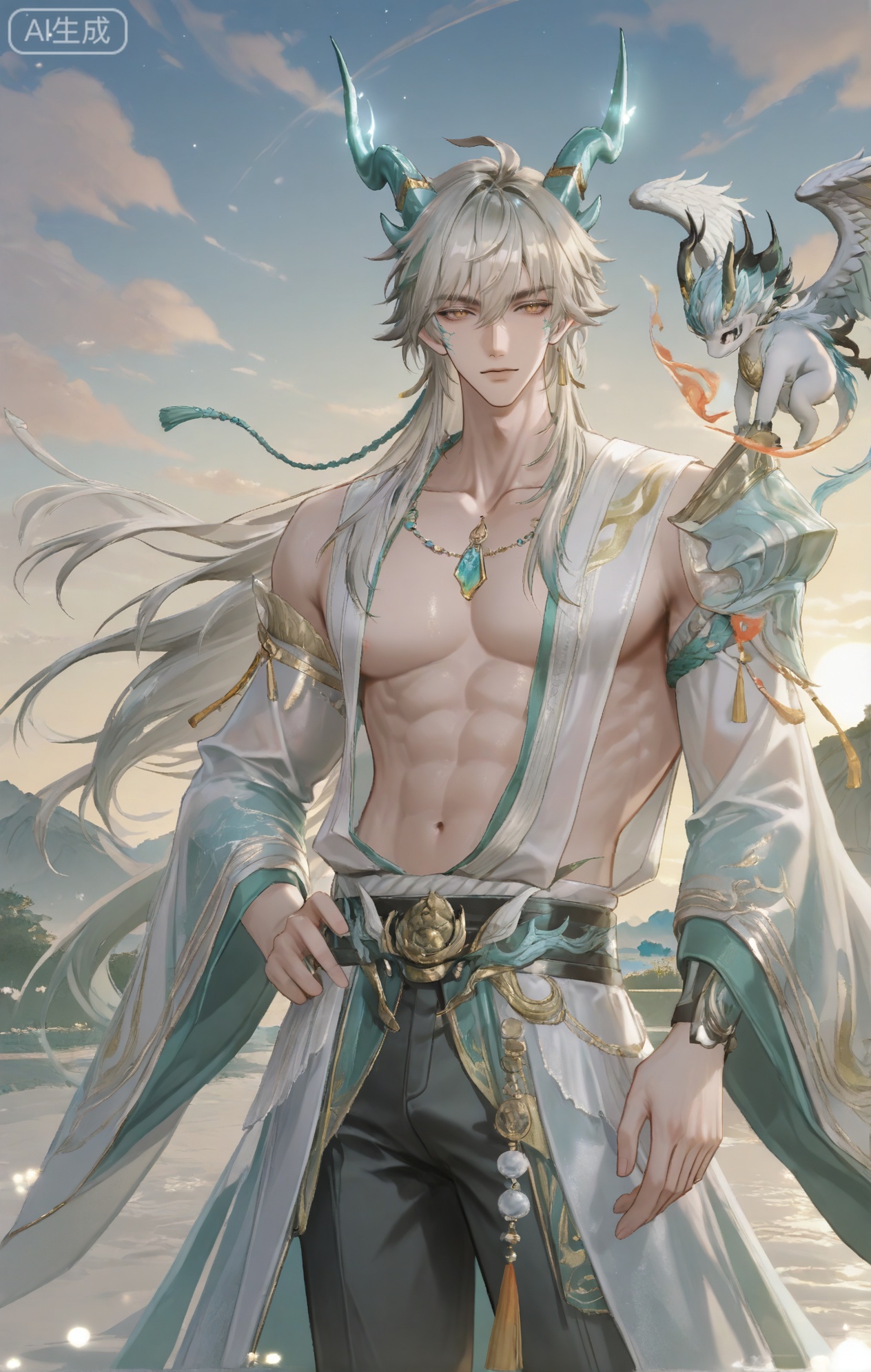 baizei,dragon,dragon horns,dragon boy,long hair,1boy,wide sleeves,japanese clothes,jewelry,grey hair,pants,xiaozhitiao