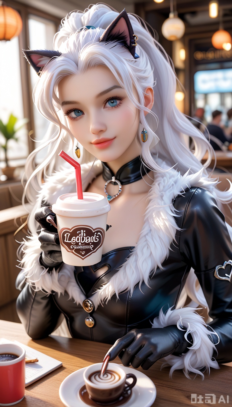 score_9_up, score_8_up, score_7_up, Portrait, Felicia Hardy, cute, seductive, innocent, light smile:0.3, plump lips, slender body, long luminous neon white hair, wavy hair, in high detailed Black Cat suit, tight black suit with white accents, gloves of her costume form retractable claws at the fingertips, sipping a cup of coffee, 4n1v3rs3, depth of field, dynamic angle, fashion photography, sharp, hyperdetailed:1.15