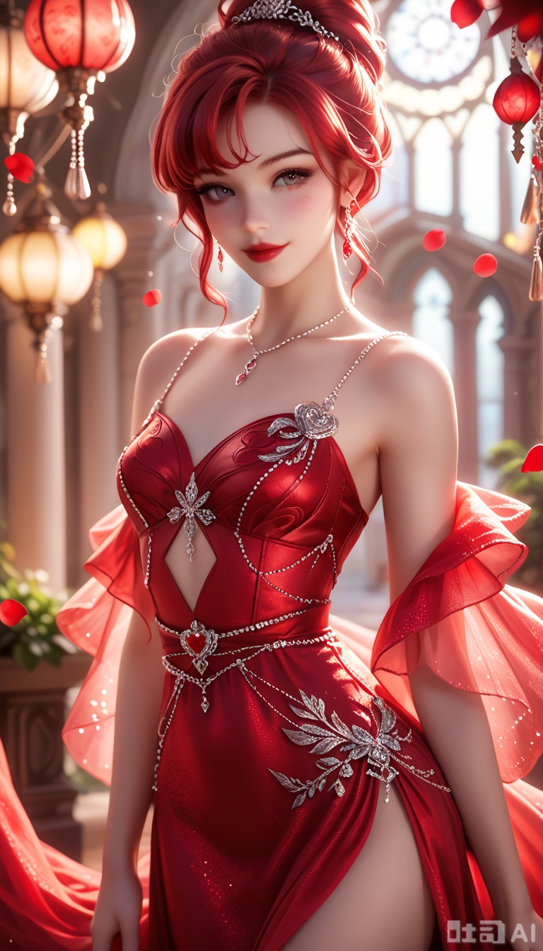 score_9_up, score_8_up, score_7_up, Cowboy Shot, girl, cute, seductive, innocent, light smile:0.3, plump lips, slender body, fit glittered red dress, red hair, silver eyes, red lipstick, red eye shadow, blush, sexy, pure innocence, whore vibe, in love, seductive gaze, red:1.1, romantic setting, dreamy pastel palette, whimsical details, colorful, softcore, warm lighting, cosy atmosphere, red theme, red and black:0.85, dim colors, 4n1v3rs3, depth of field, dynamic angle, fashion photography, sharp, hyperdetailed:1.15