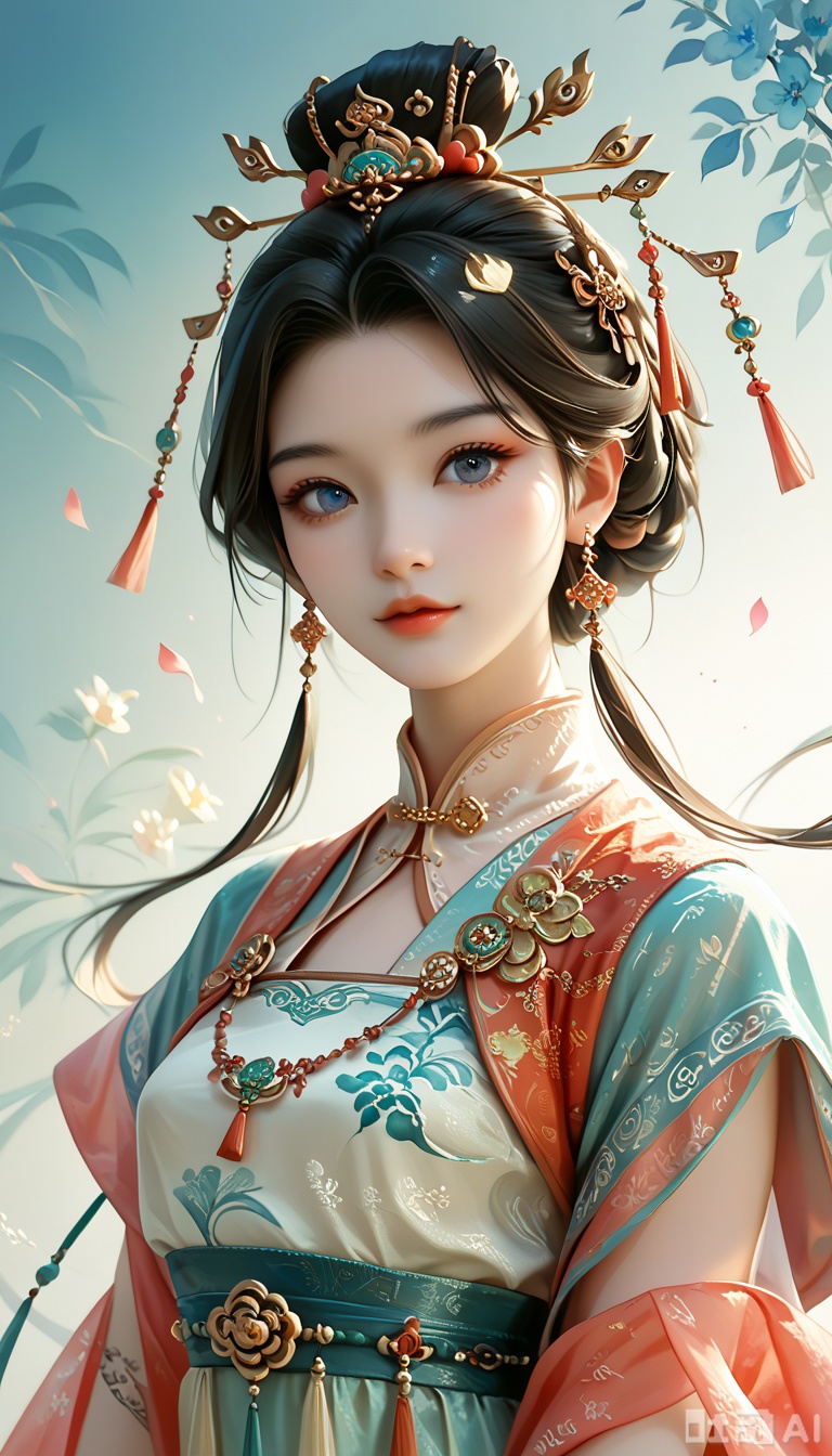 score_9, score_8_up, score_7_up,1 girl,a beautiful woman with an ancient style,dressed in Tang style clothing with a luxurious texture and bright colors. New Chinese style portrait photography,with a gradient watercolor background and high-definition large images,